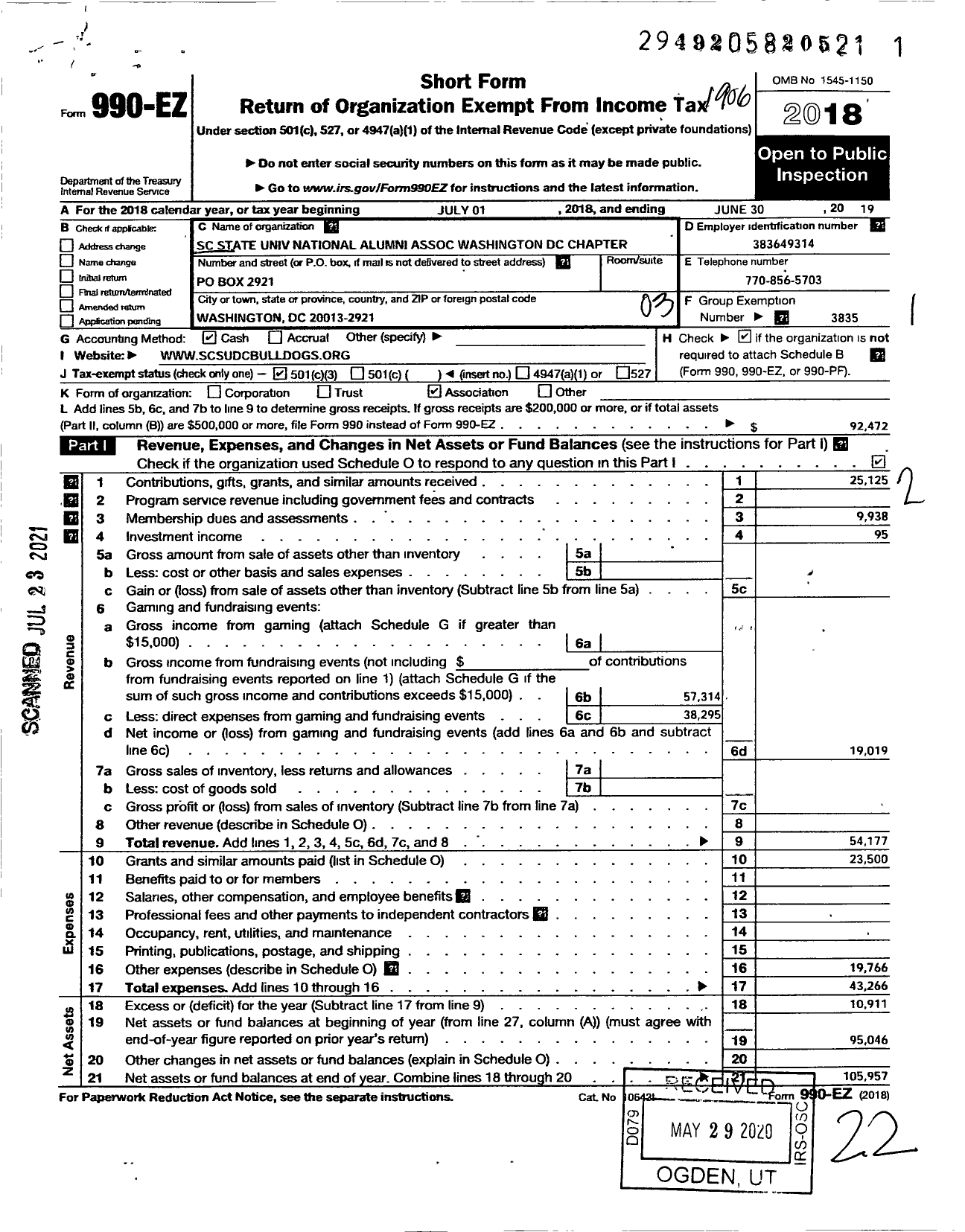 Image of first page of 2018 Form 990EZ for South Carolina State University National Alumni Association / Washington DC Chapter