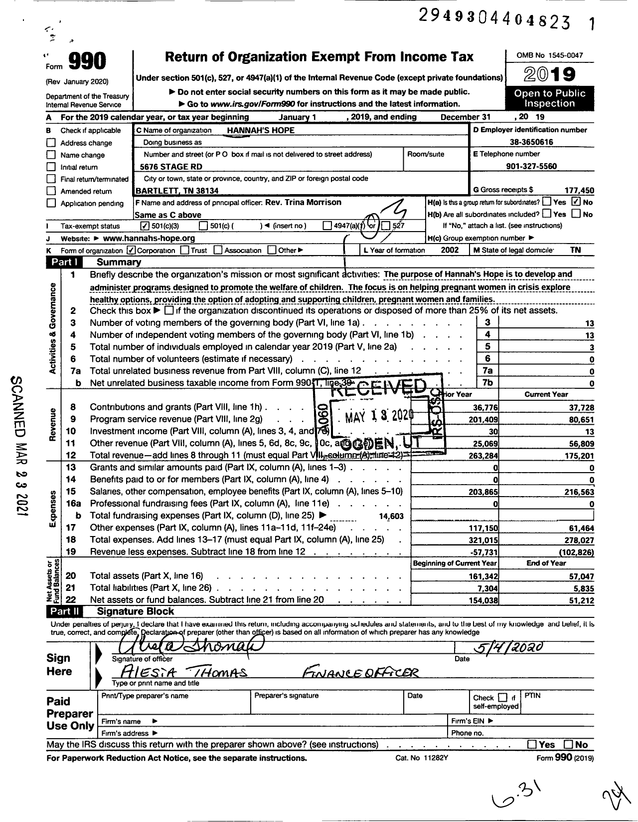 Image of first page of 2019 Form 990 for Hannahs Hope