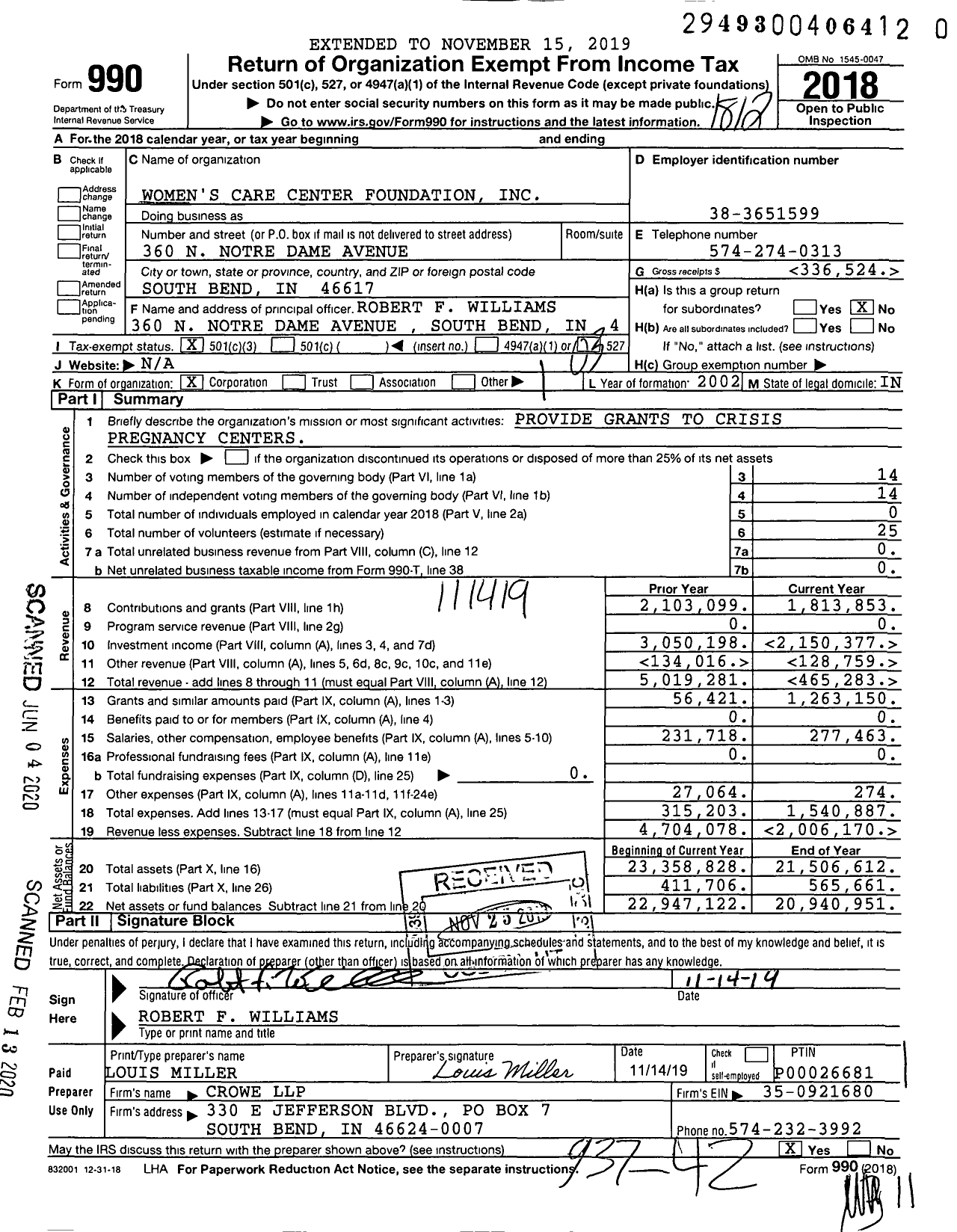 Image of first page of 2018 Form 990 for Women's Care Center Foundation