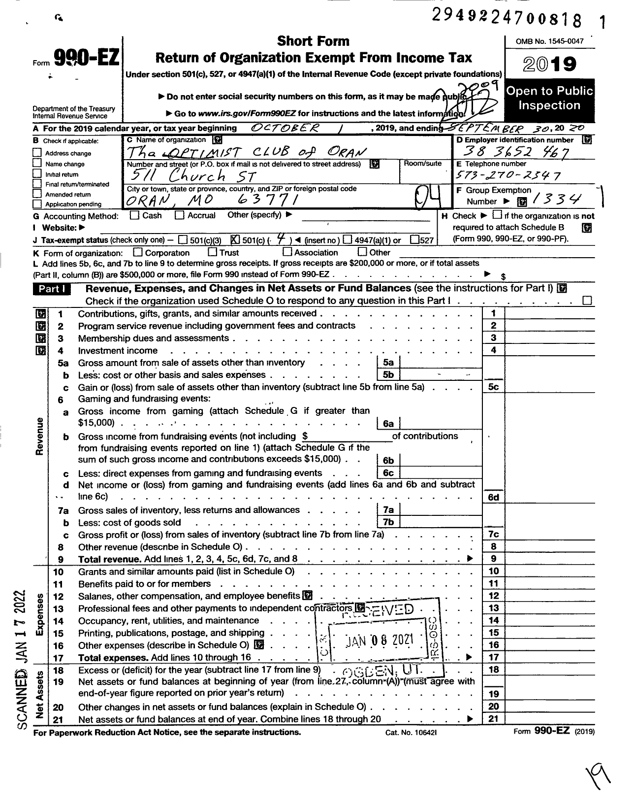 Image of first page of 2019 Form 990EO for Optimist International - 30542 Oc of Oran Mo