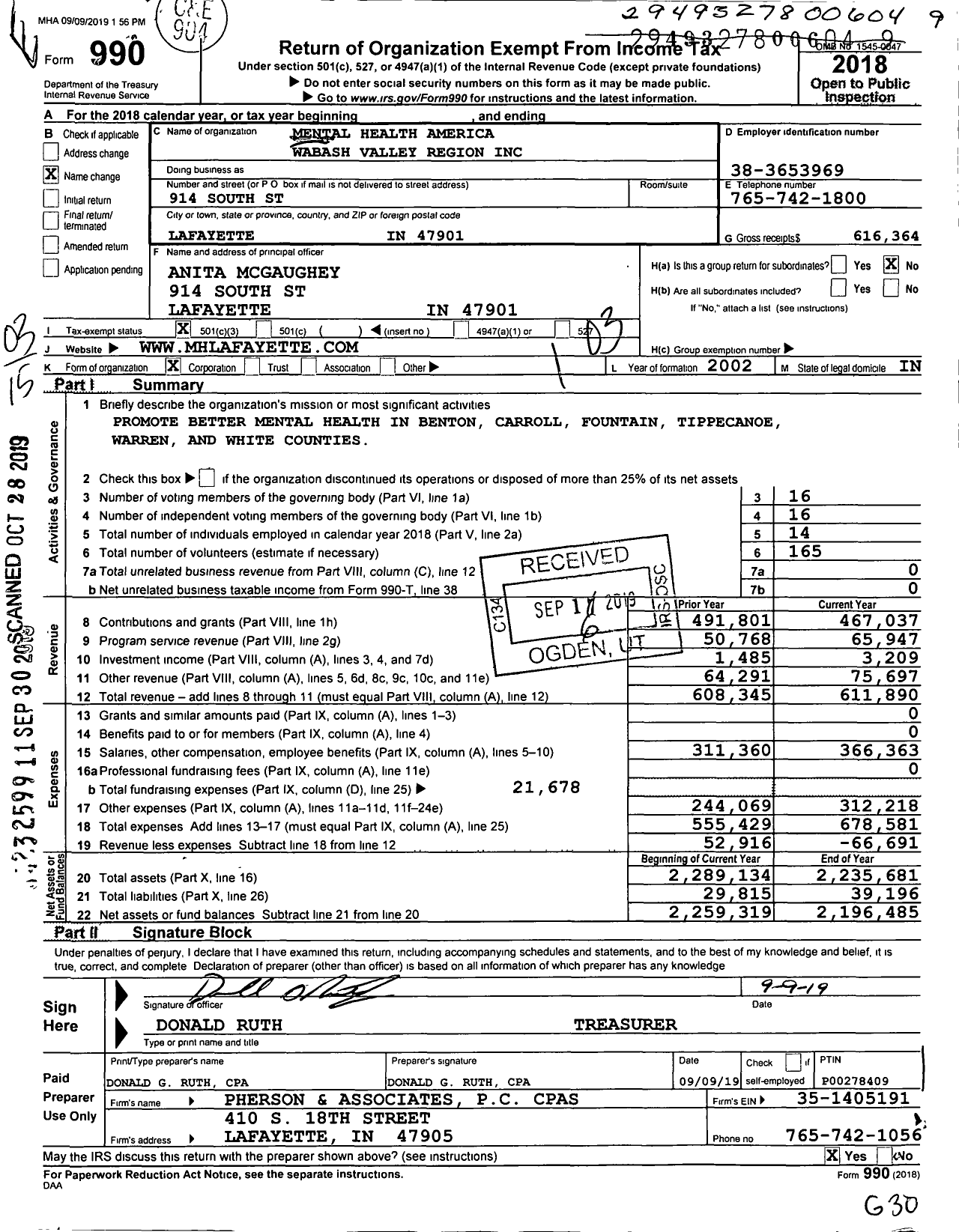 Image of first page of 2018 Form 990 for Mental Health America Wabash Valley Region