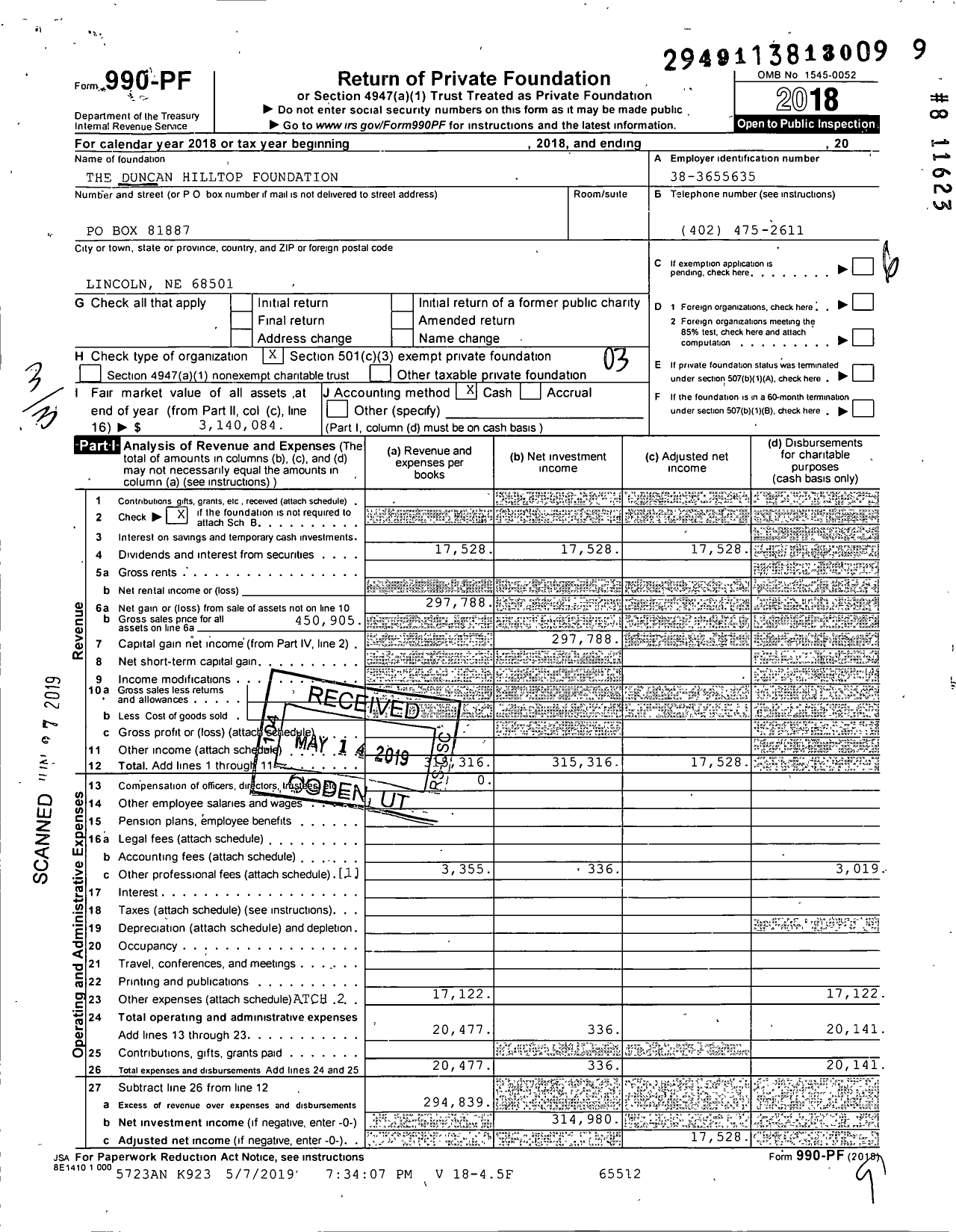 Image of first page of 2018 Form 990PF for The Duncan Hilltop Foundation