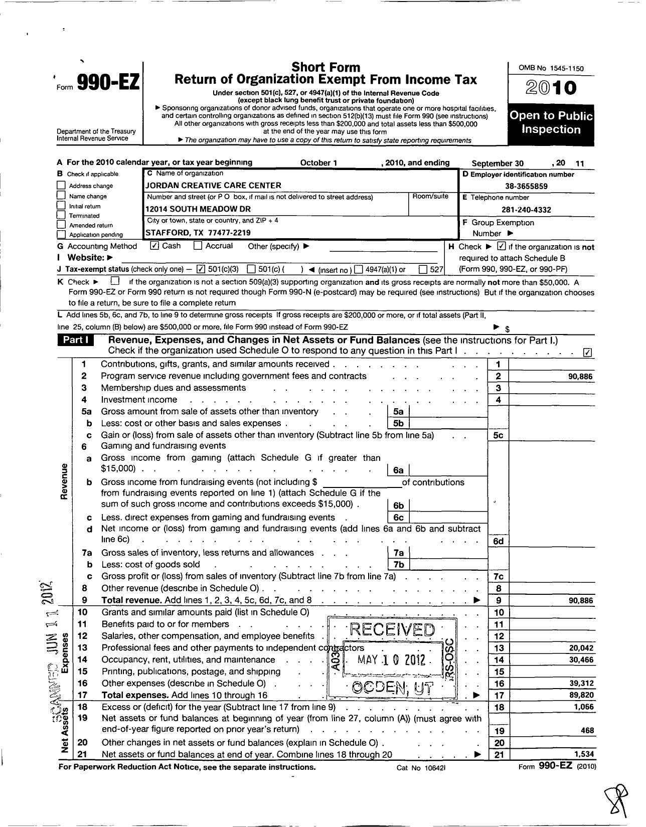 Image of first page of 2010 Form 990EZ for Jordan Creative Care Center