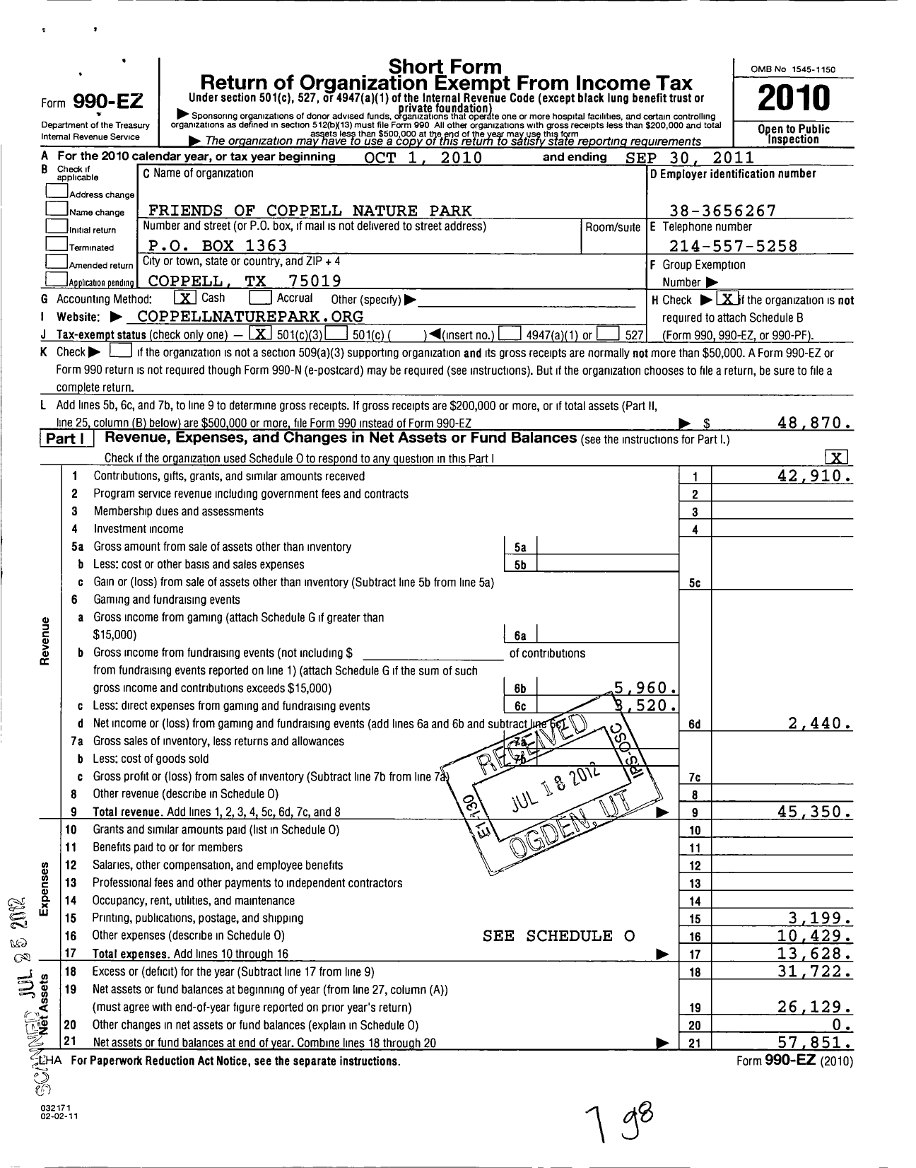 Image of first page of 2010 Form 990EZ for Friends of Coppell Nature Park