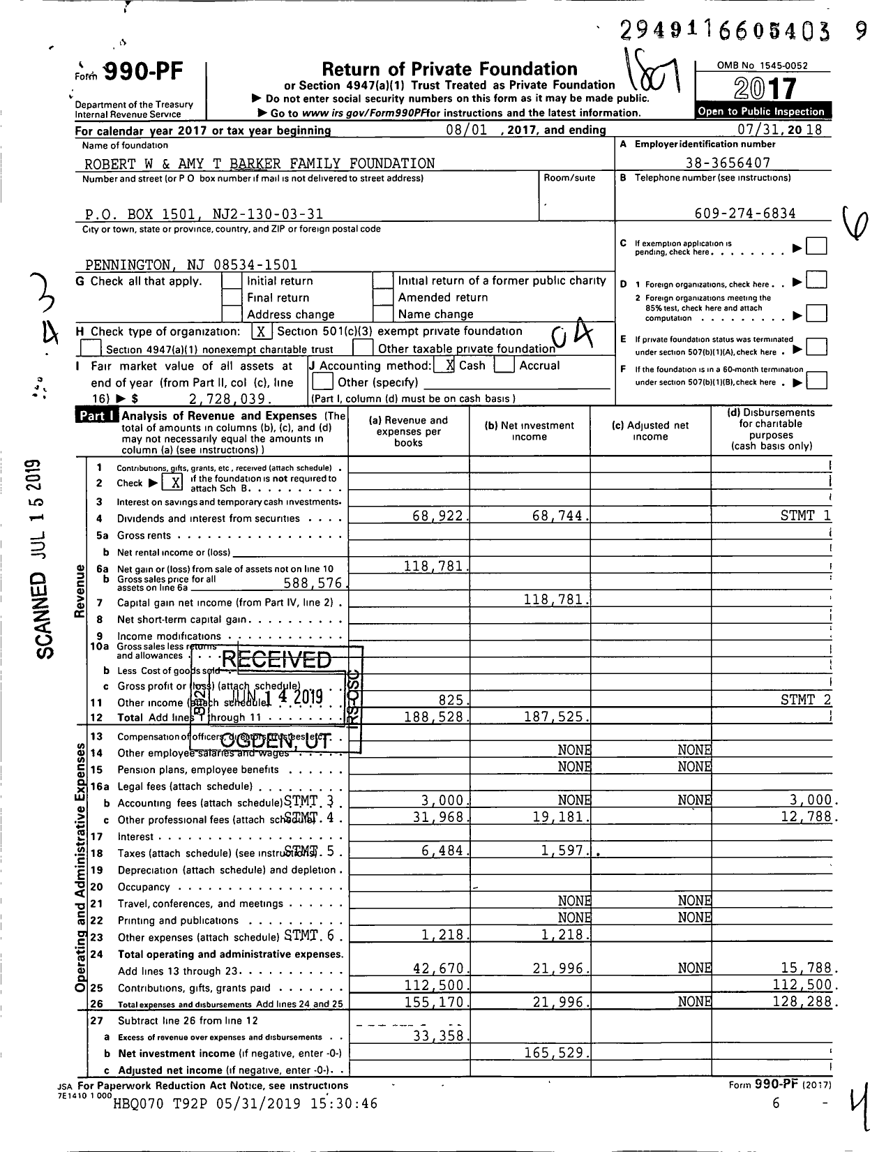 Image of first page of 2017 Form 990PF for Robert W and Amy T Barker Family Foundation