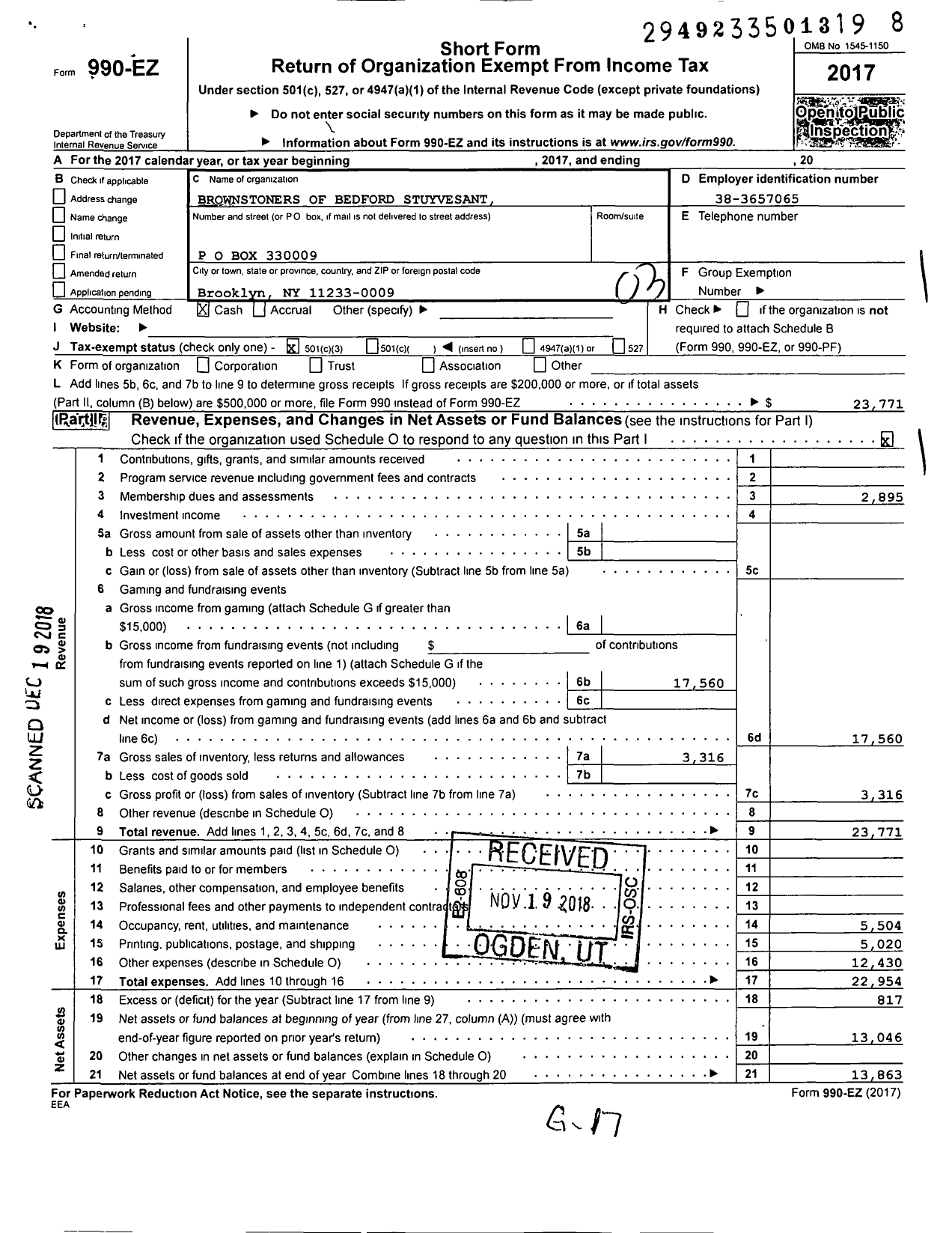 Image of first page of 2017 Form 990EZ for Brownstoners of Bedford Stuyvesant