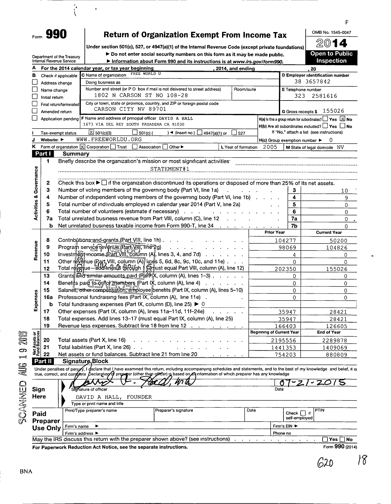 Image of first page of 2014 Form 990 for Free World U