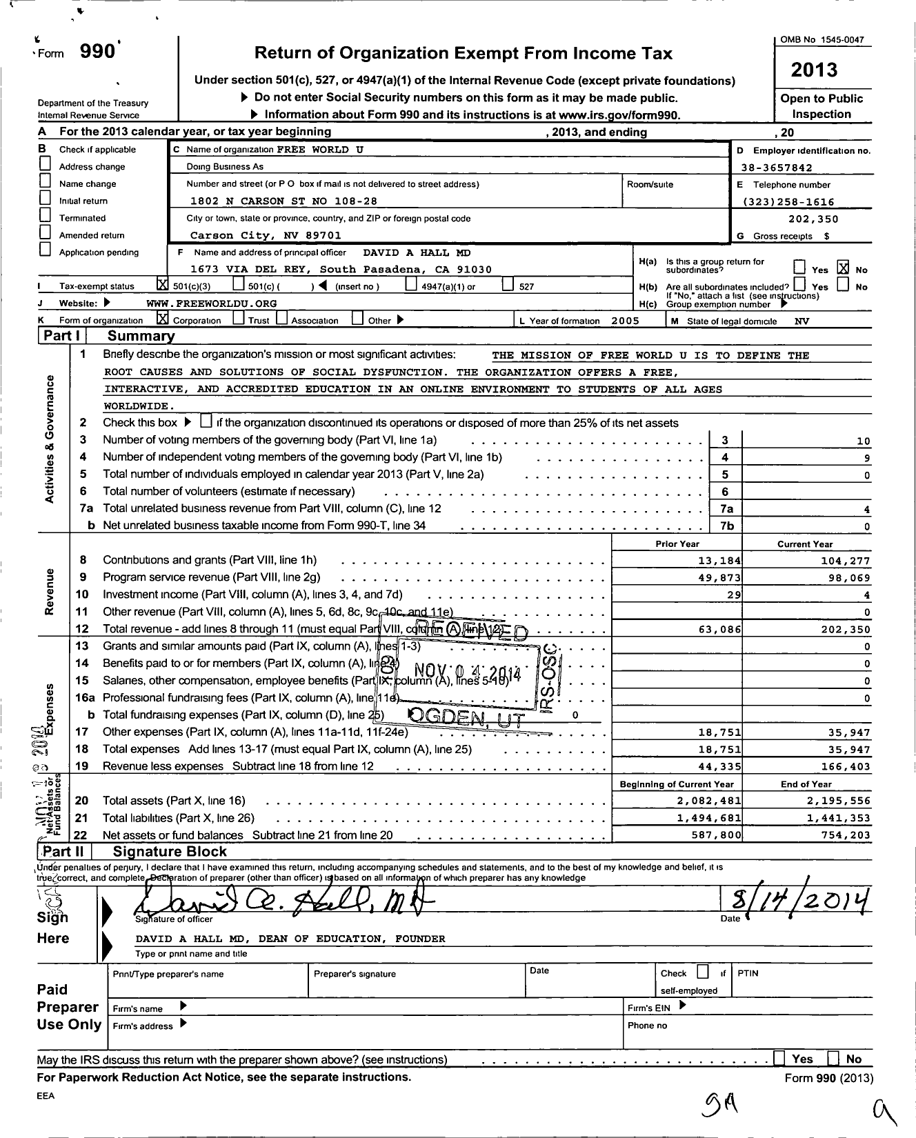 Image of first page of 2013 Form 990 for Free World U