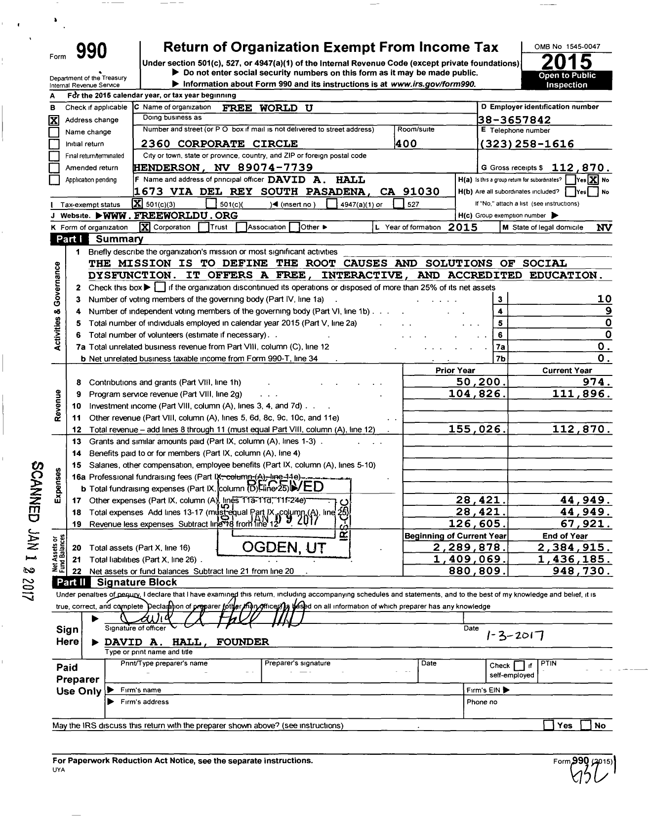 Image of first page of 2015 Form 990 for Free World U