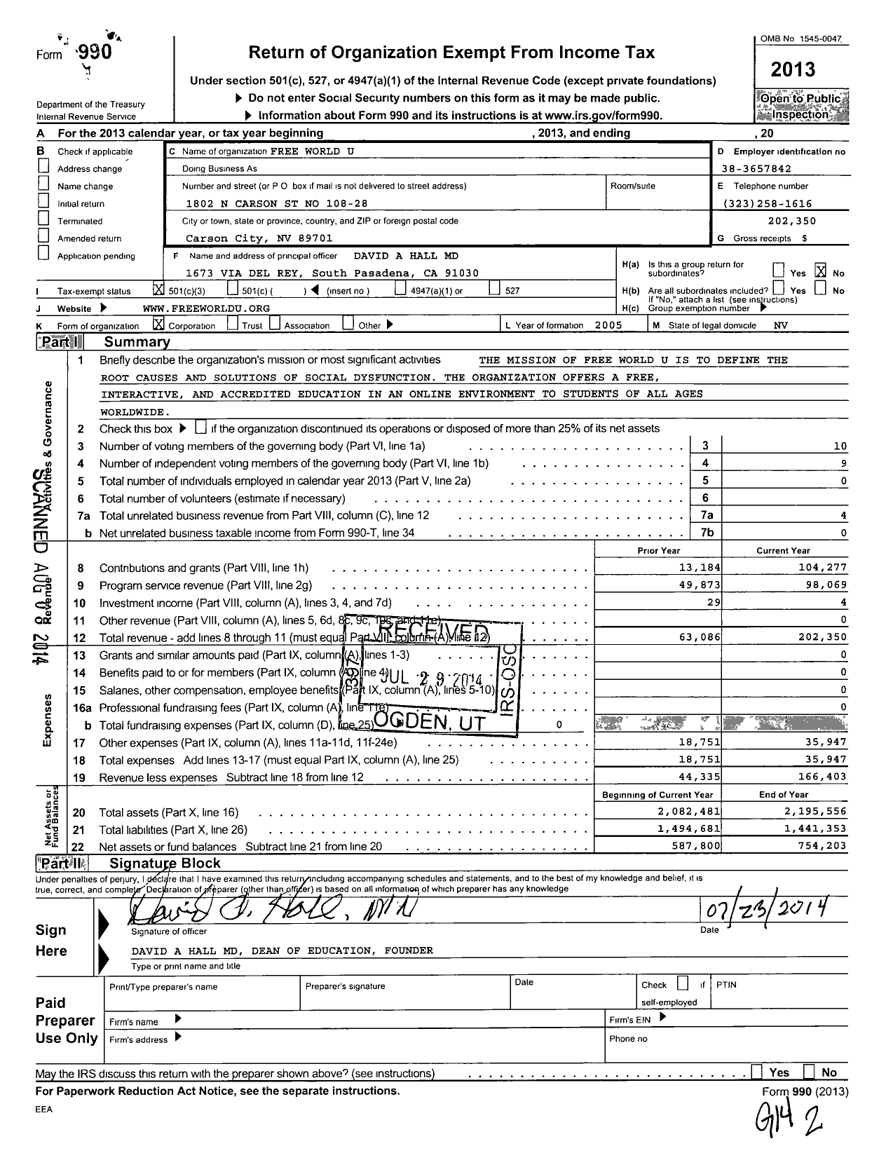 Image of first page of 2013 Form 990 for Free World U