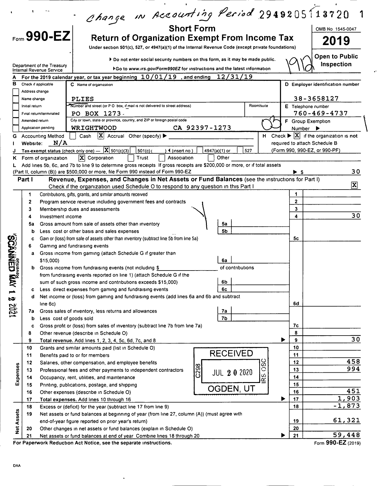 Image of first page of 2019 Form 990EZ for Pacific Link International Educational Services (PLIES)