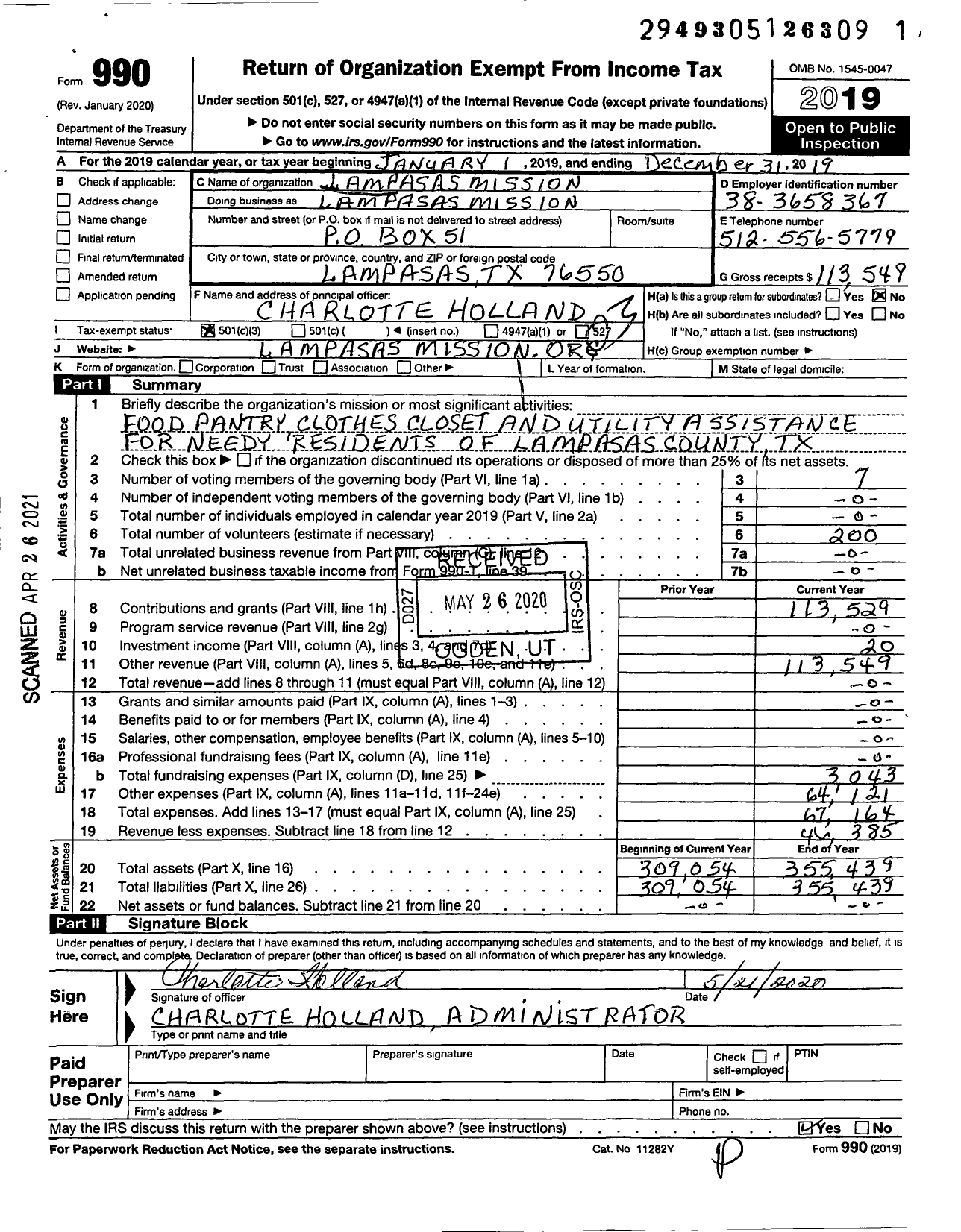 Image of first page of 2019 Form 990 for Lampasas Mission