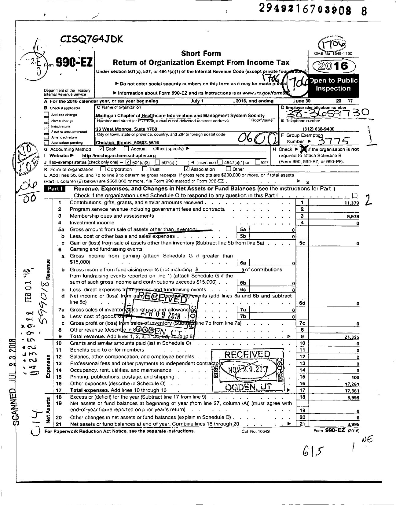 Image of first page of 2016 Form 990EO for Michigan Chapter of HIMSS