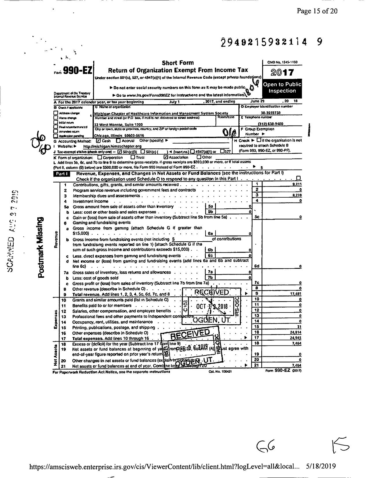 Image of first page of 2017 Form 990EO for Michigan Chapter of HIMSS