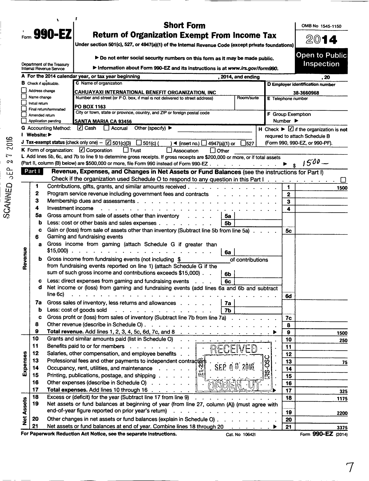 Image of first page of 2014 Form 990EZ for Cahuayaxi International Benefit Organization