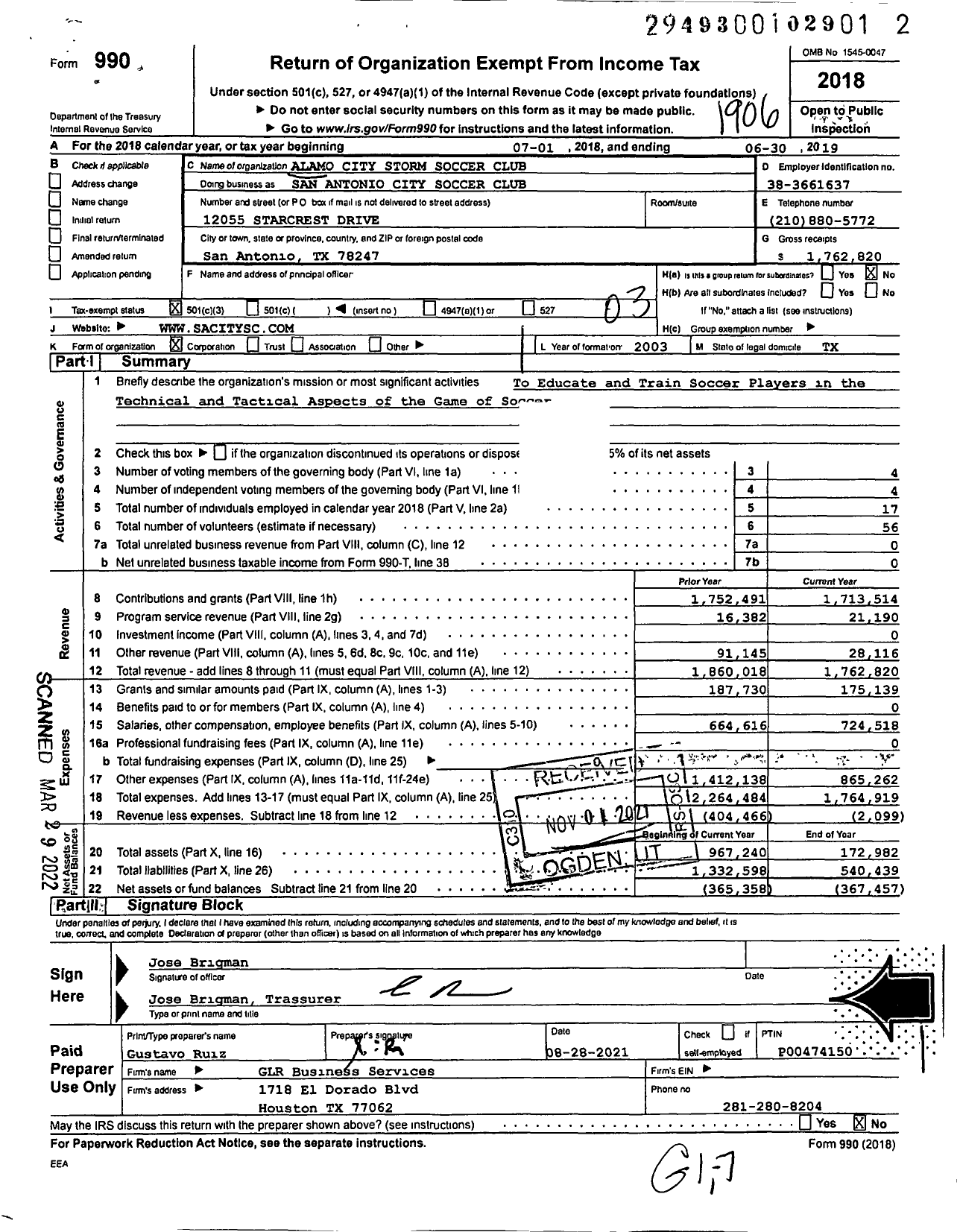 Image of first page of 2018 Form 990 for Alamo City Storm Soccer Club