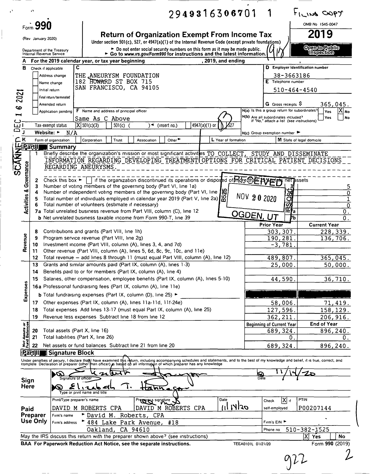 Image of first page of 2019 Form 990 for The Aneurysm Foundation