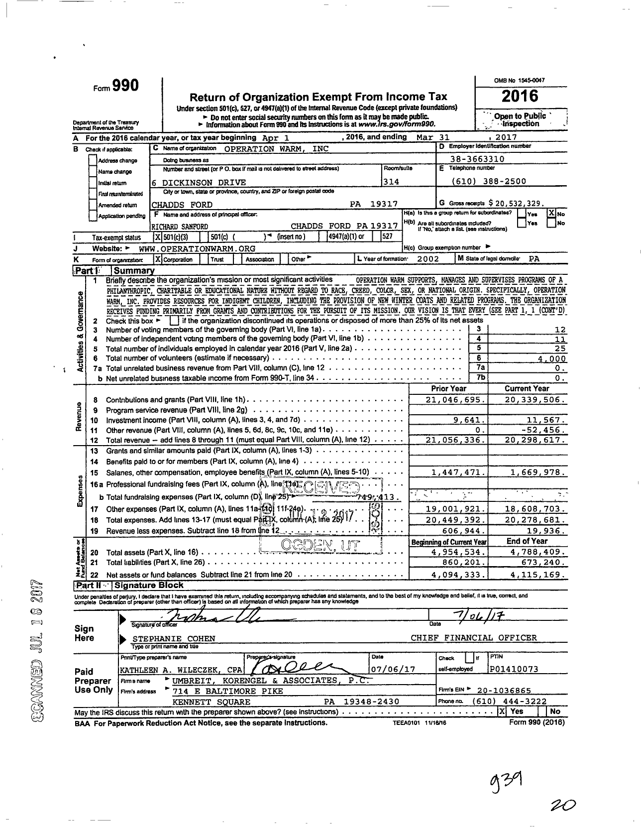 Image of first page of 2016 Form 990 for Operation Warm
