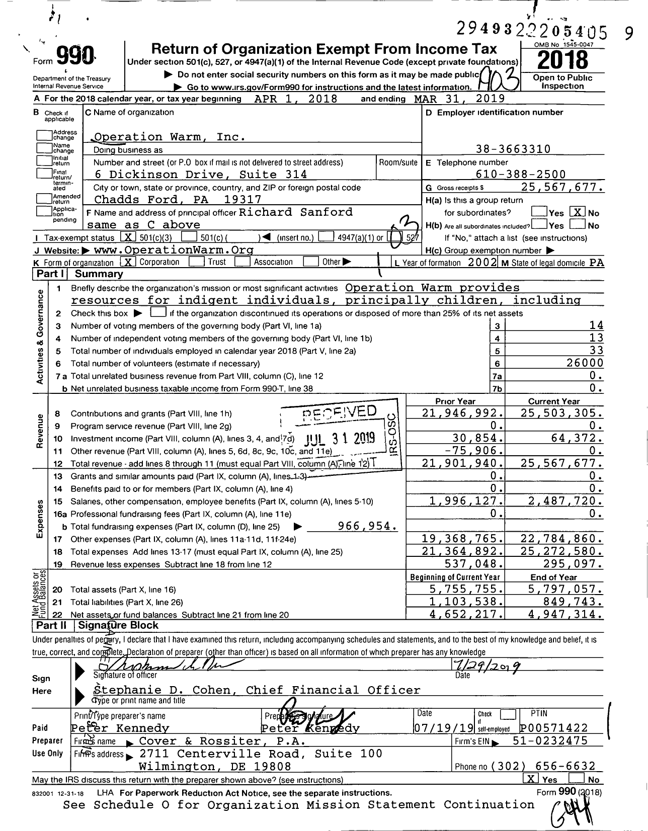 Image of first page of 2018 Form 990 for Operation Warm