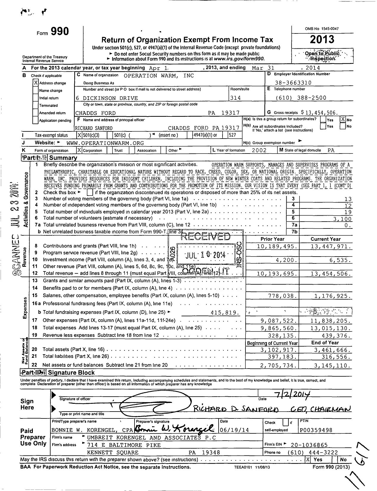 Image of first page of 2013 Form 990 for Operation Warm