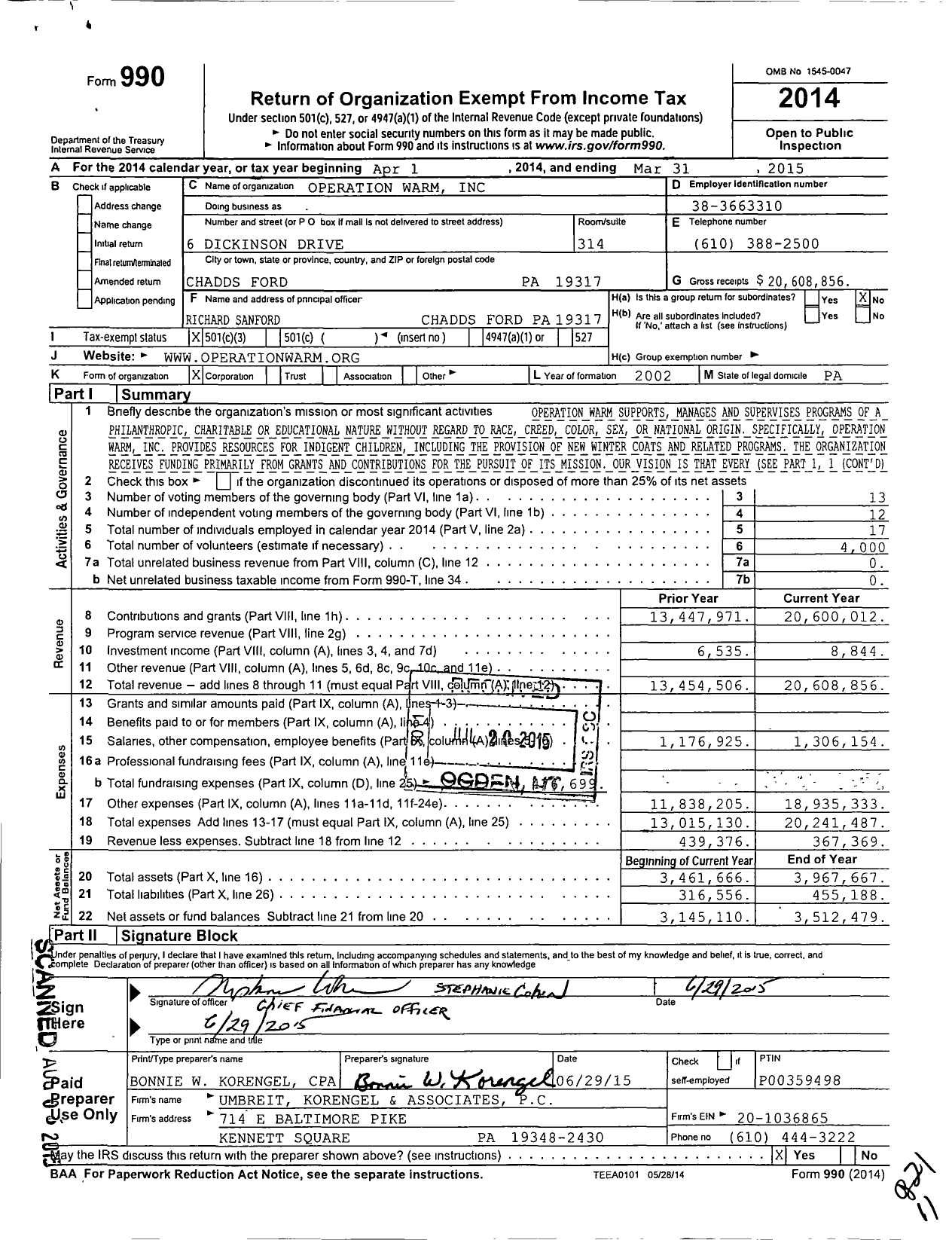 Image of first page of 2014 Form 990 for Operation Warm
