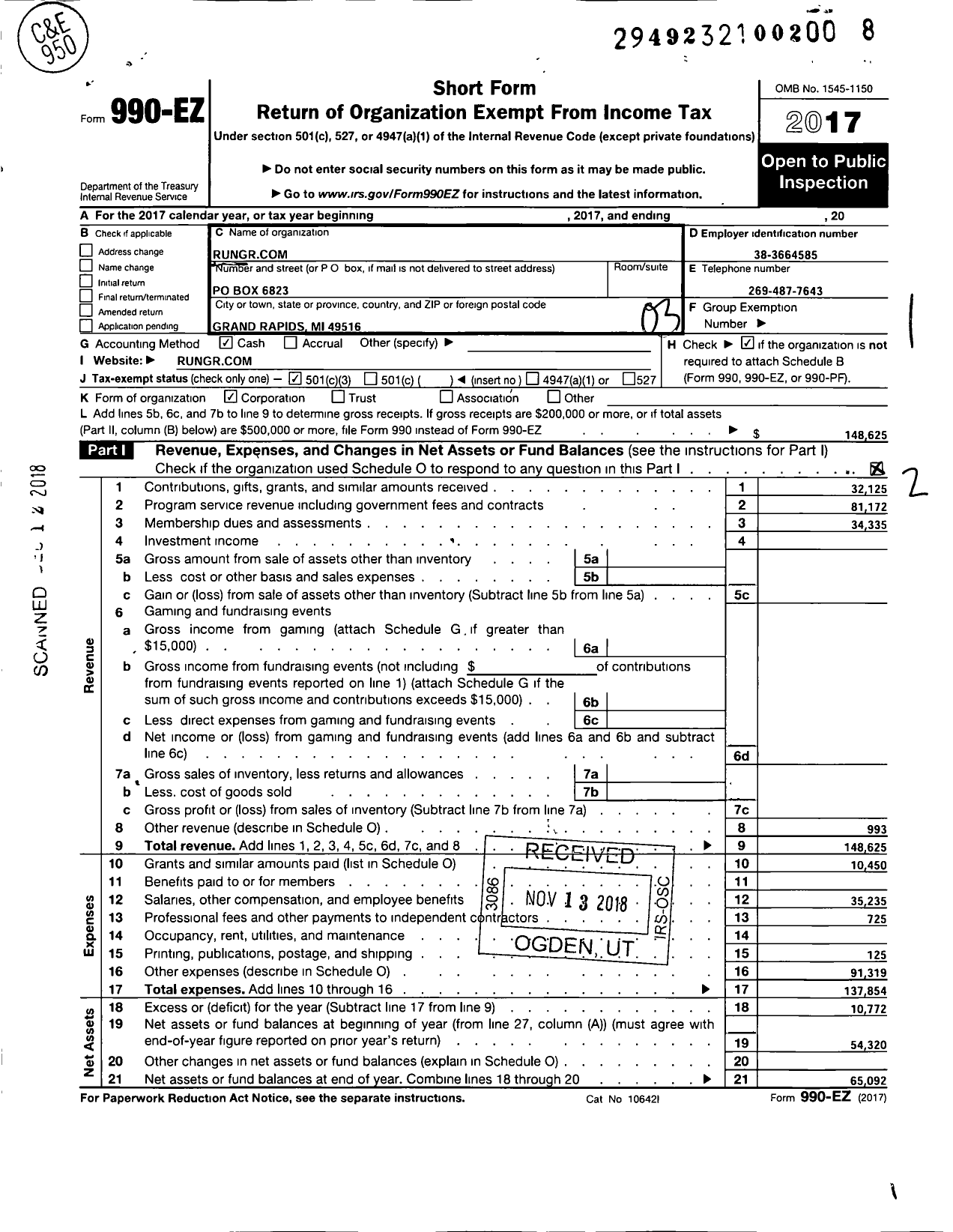 Image of first page of 2017 Form 990EZ for Rungr Com