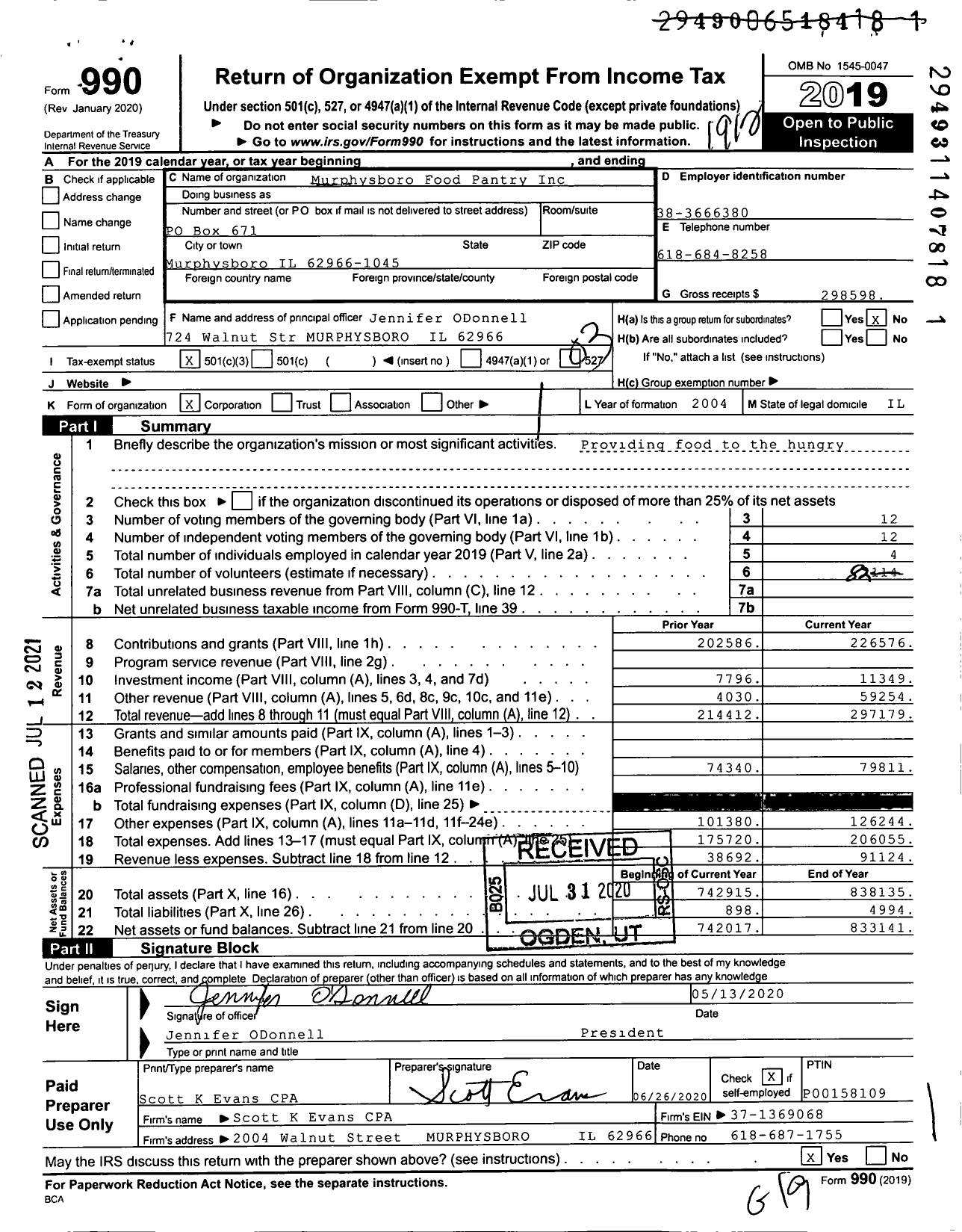 Image of first page of 2019 Form 990 for Murphysboro Food Pantry