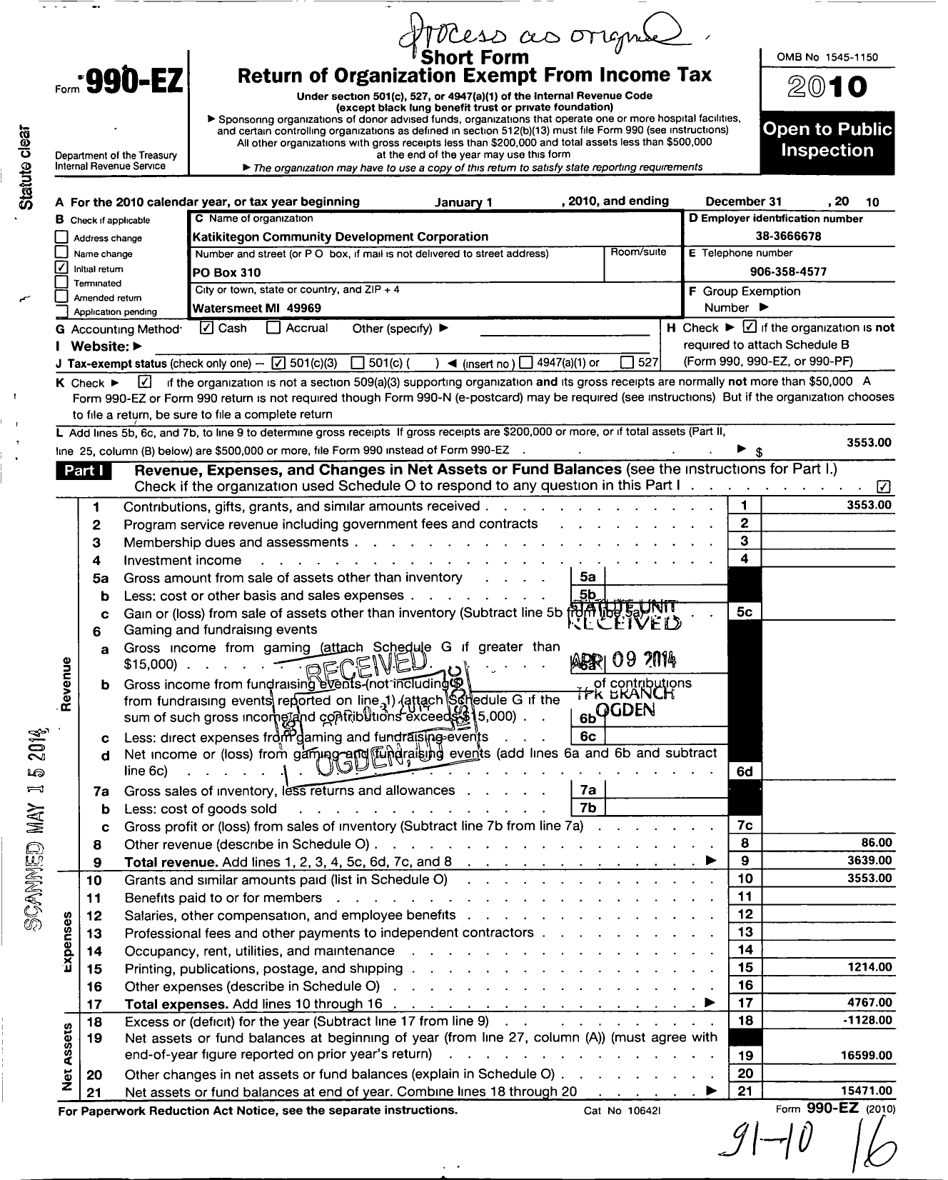 Image of first page of 2010 Form 990EZ for Kati-Kitegon Community Development Corporation