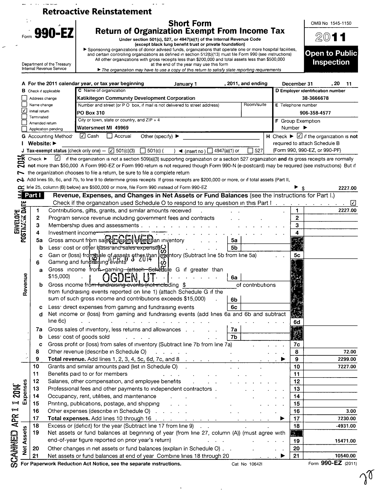 Image of first page of 2011 Form 990EZ for Kati-Kitegon Community Development Corporation