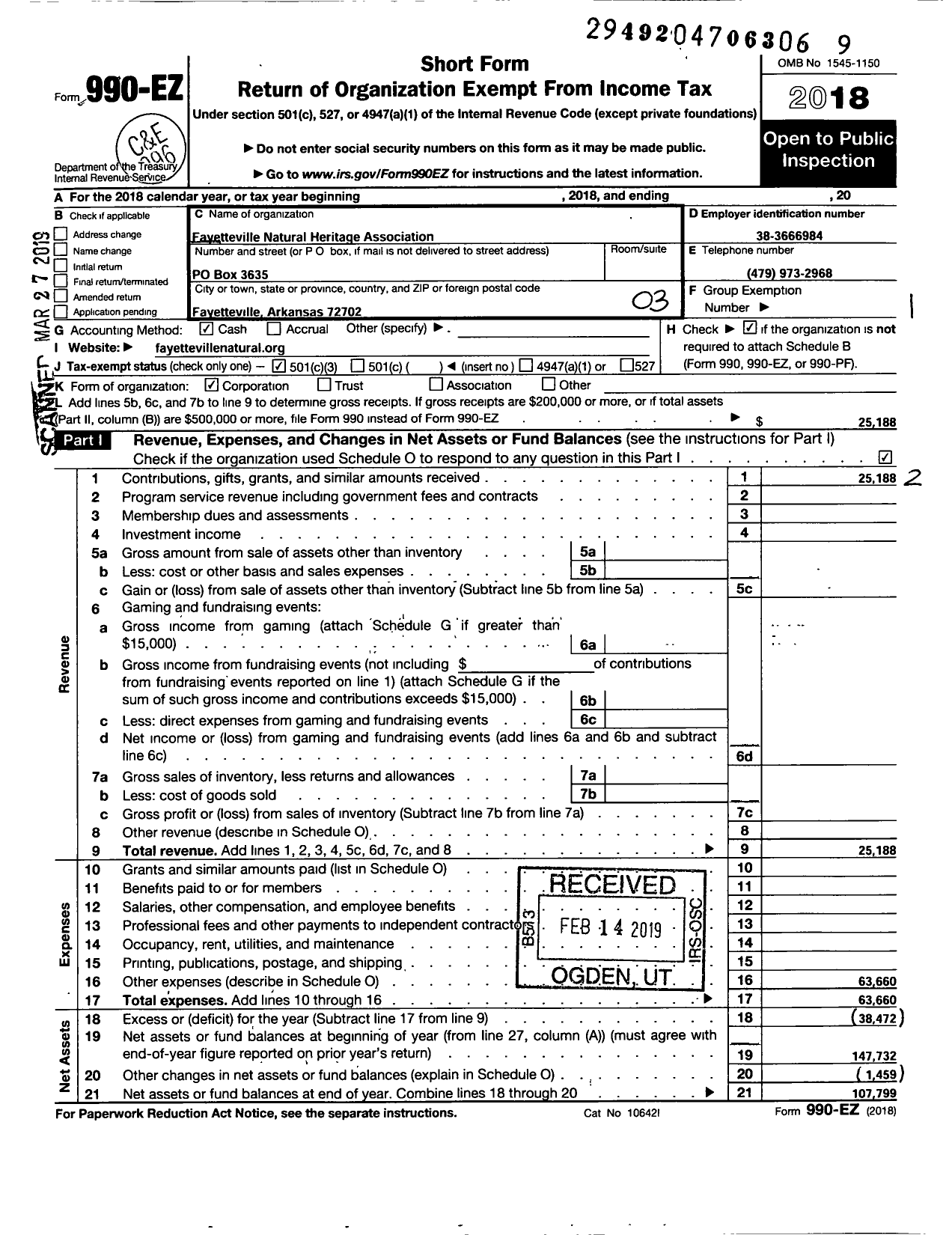 Image of first page of 2018 Form 990EZ for Fayetteville Natural Heritage Association