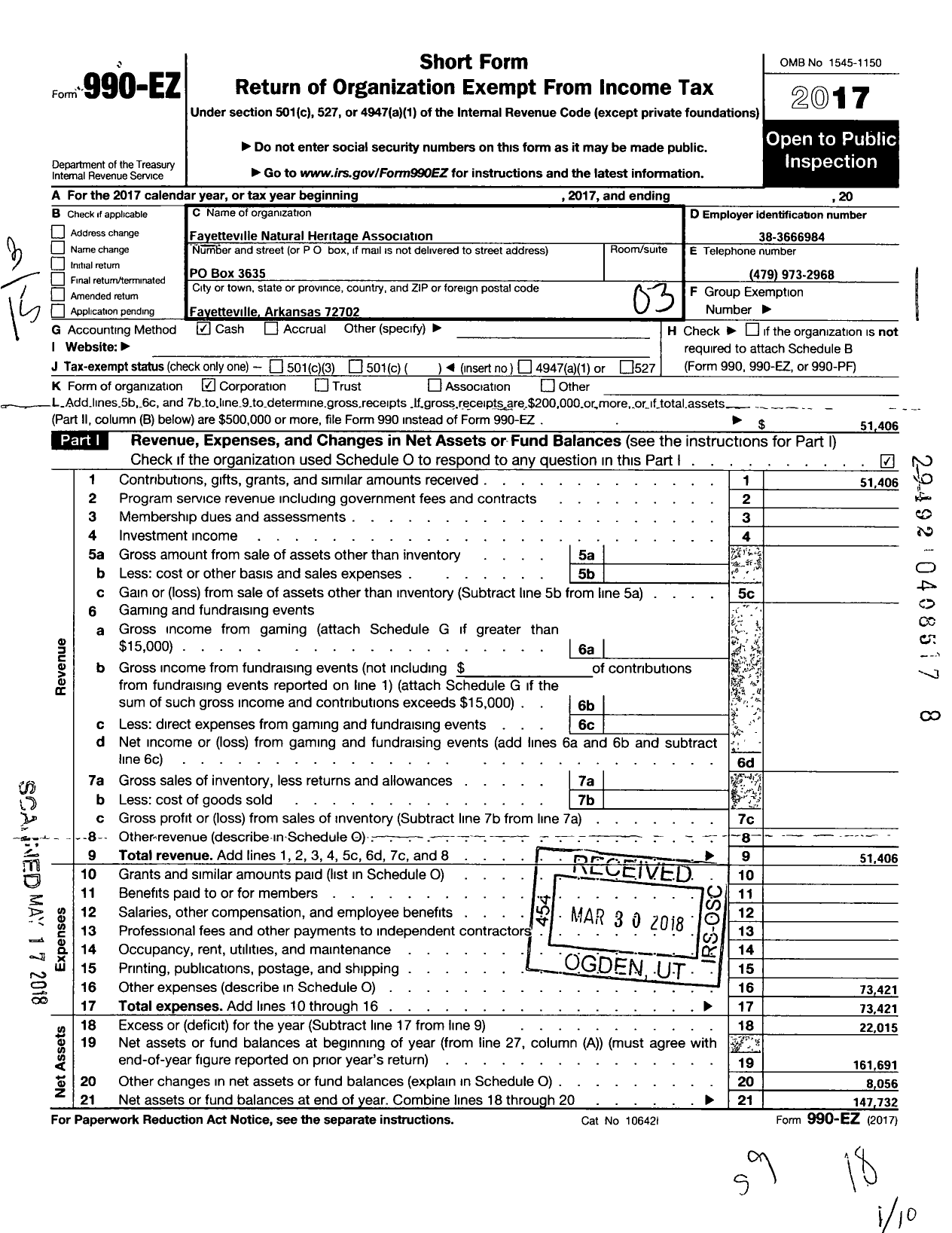 Image of first page of 2017 Form 990EZ for Fayetteville Natural Heritage Association