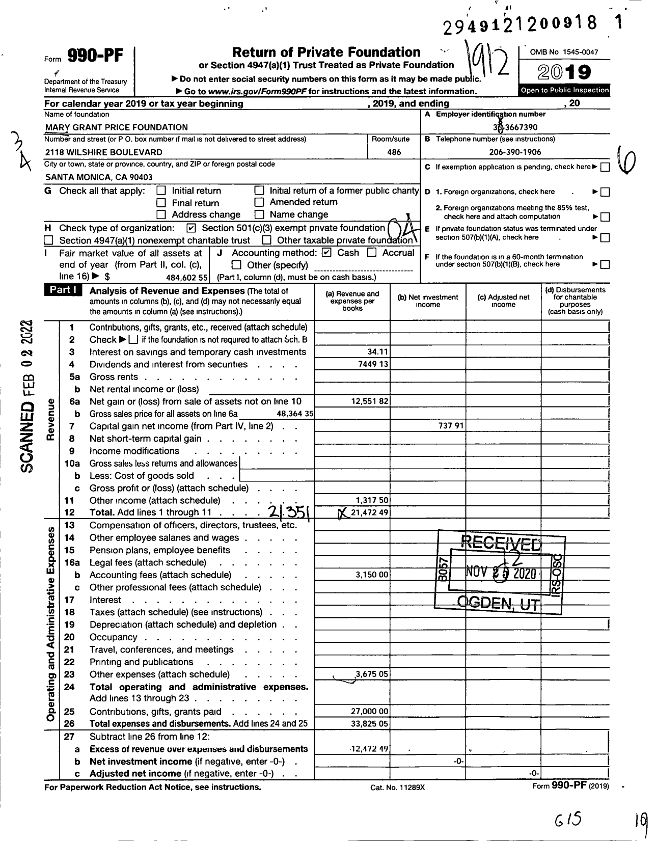 Image of first page of 2019 Form 990PF for Mary Grant Price Foundation