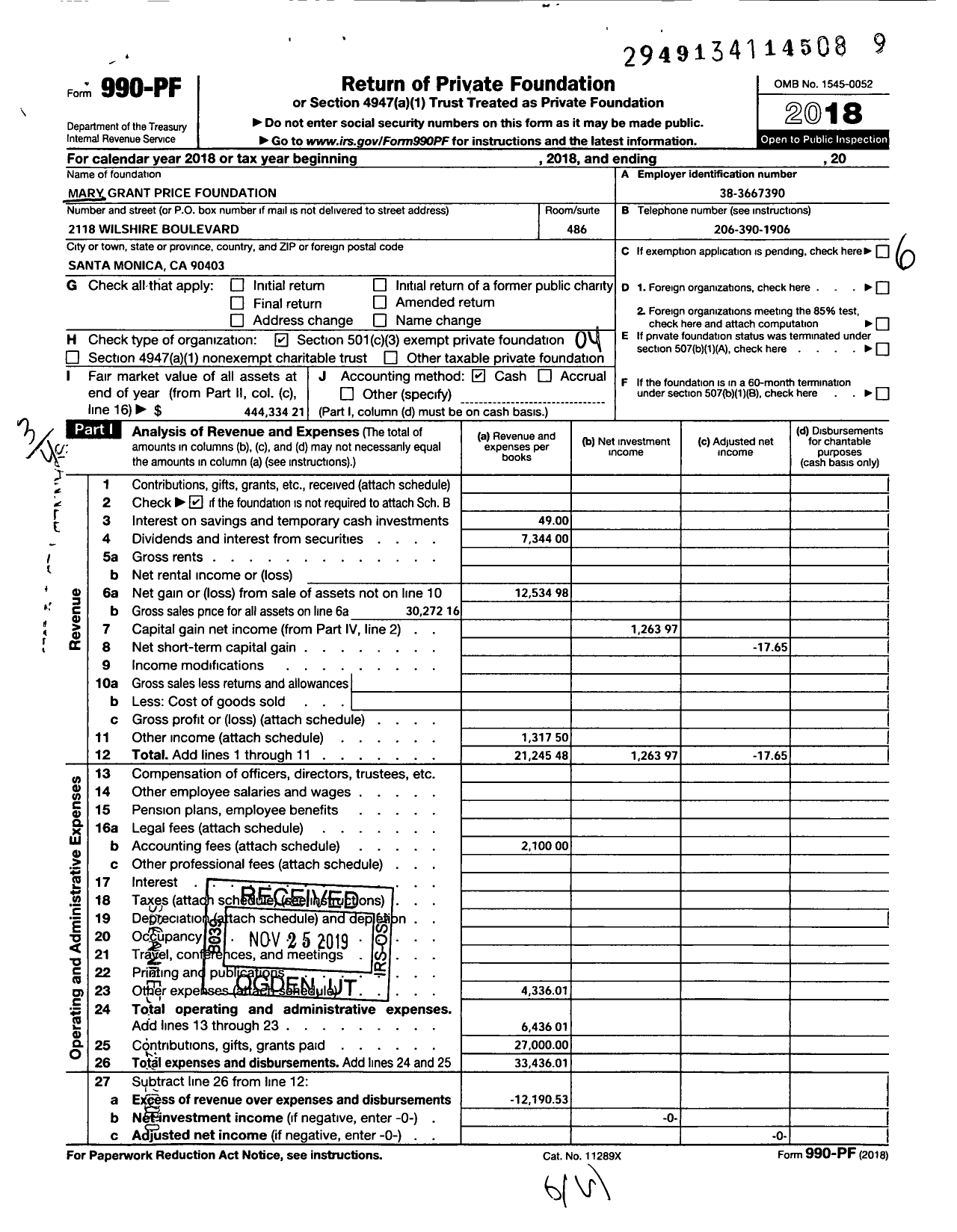 Image of first page of 2018 Form 990PF for Mary Grant Price Foundation