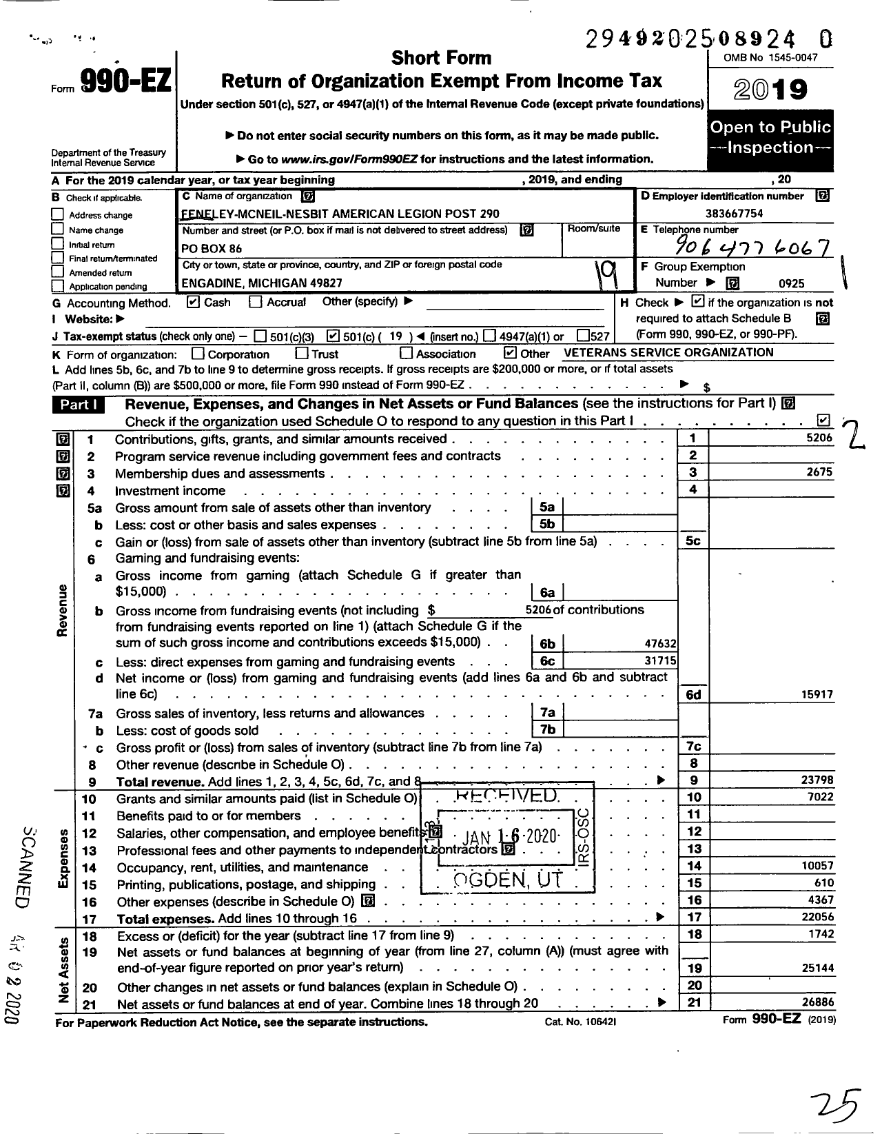 Image of first page of 2019 Form 990EO for AMERICAN LEGION - 290 FeNeLEY-MCNEIL-NESBIT