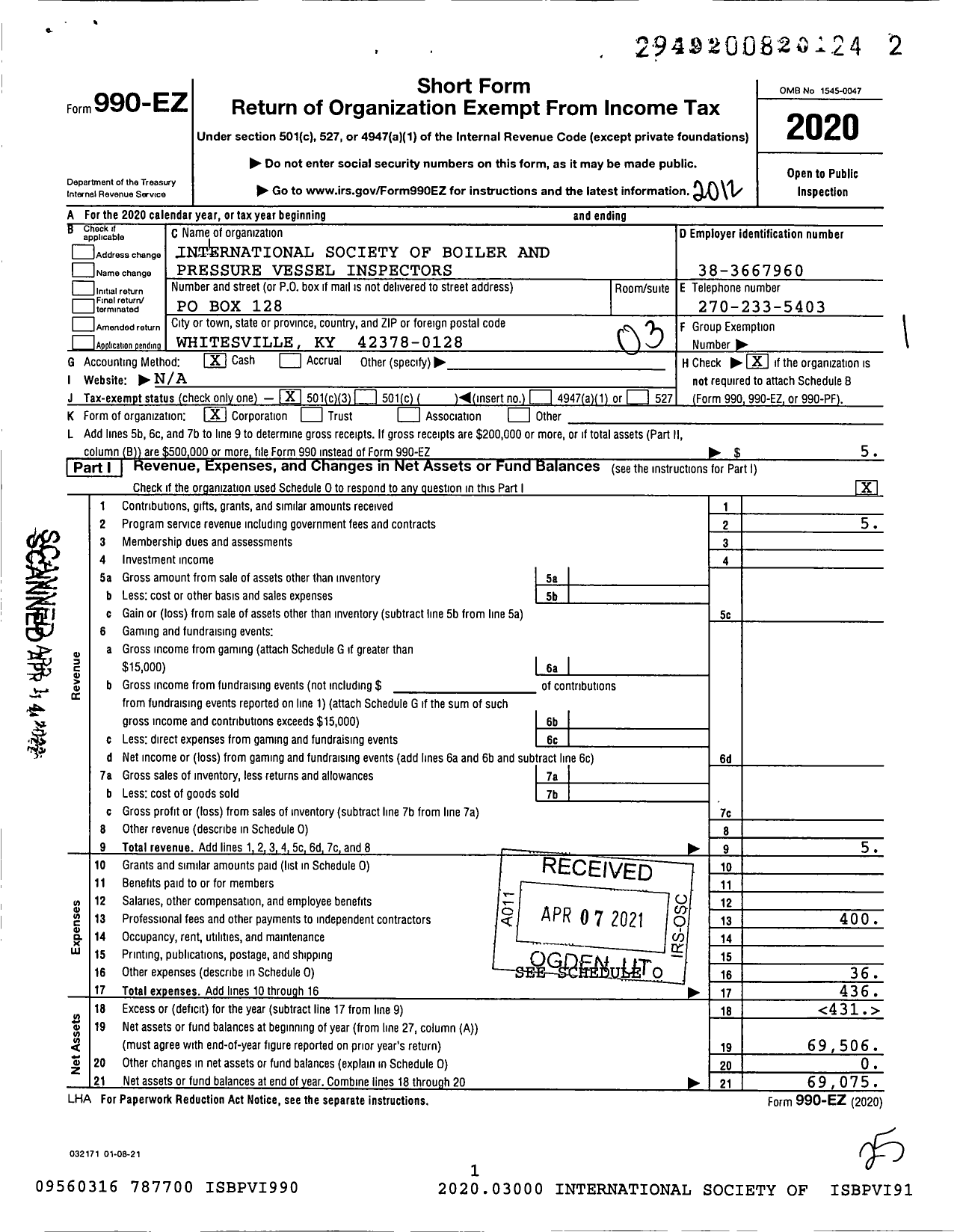 Image of first page of 2020 Form 990EZ for International Society of Boiler and Pressure Vessel Inspectors