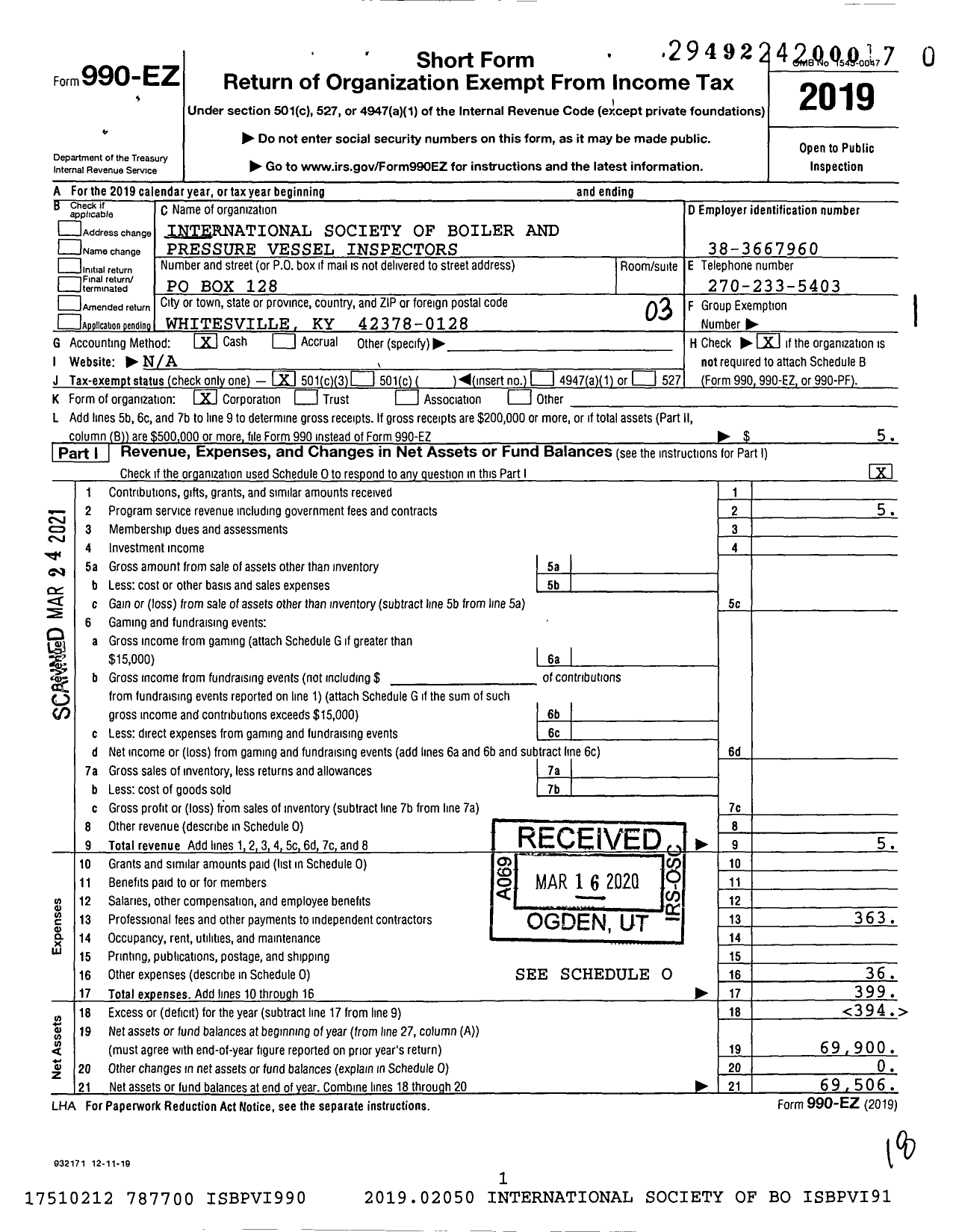 Image of first page of 2019 Form 990EZ for International Society of Boiler and Pressure Vessel Inspectors