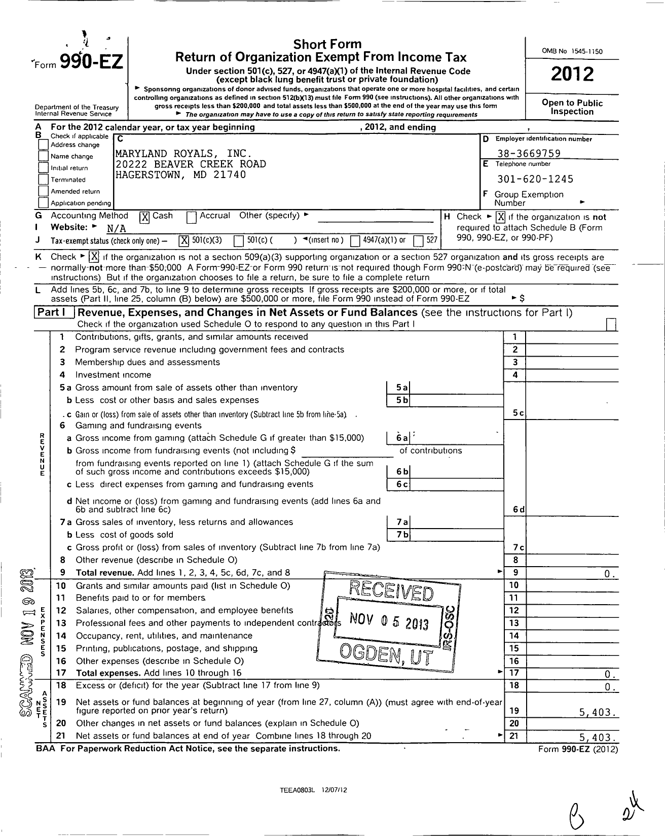 Image of first page of 2012 Form 990EZ for Maryland Royals