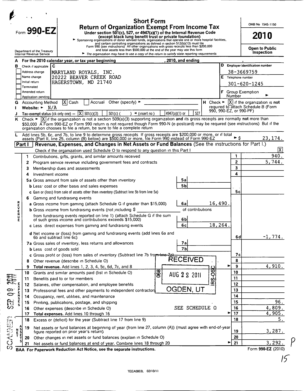 Image of first page of 2010 Form 990EZ for Maryland Royals