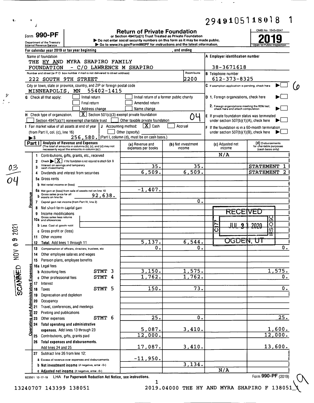 Image of first page of 2019 Form 990PF for The Hy and Myra Shapiro Family Foundation