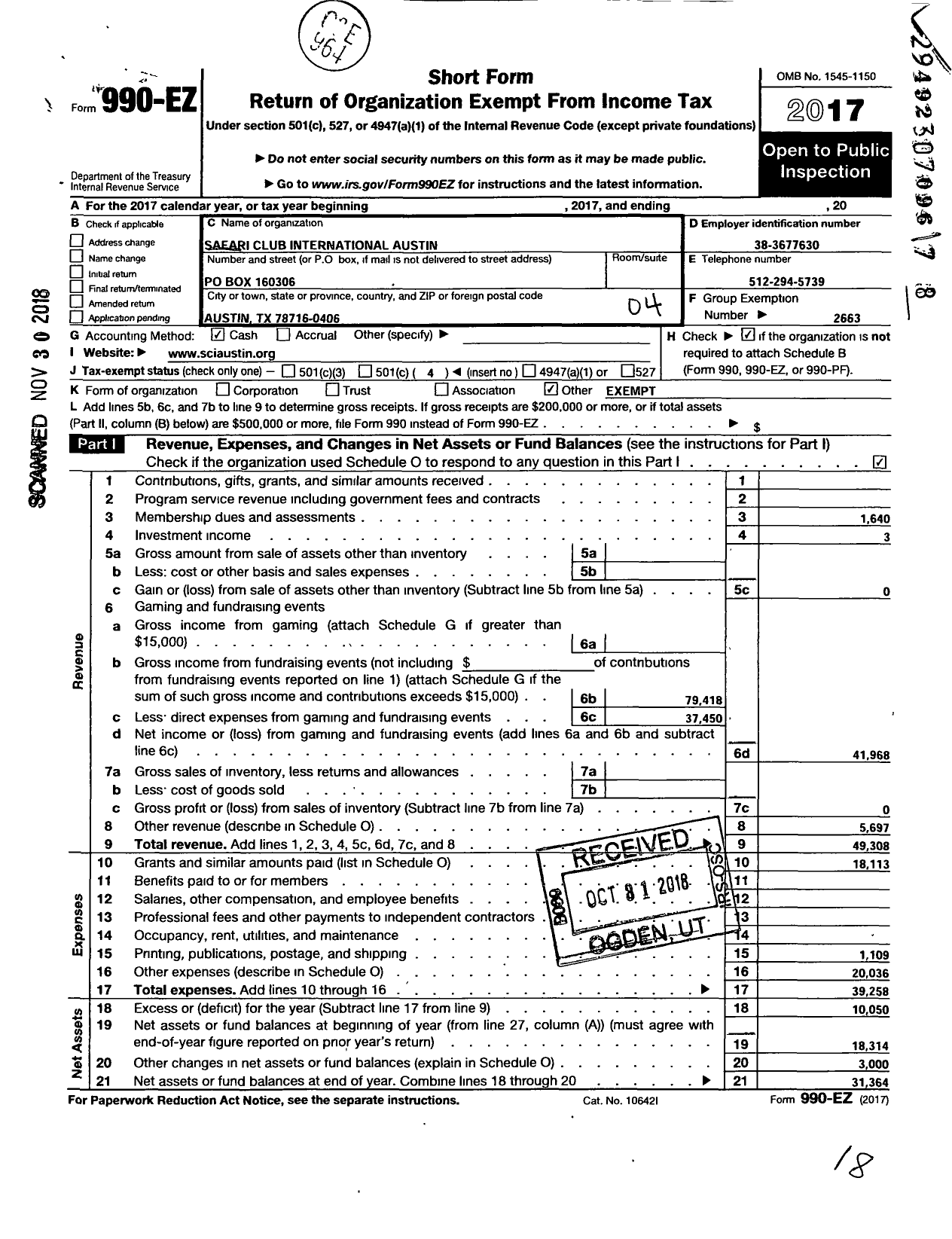 Image of first page of 2017 Form 990EO for Safari Club International Austin Chapter