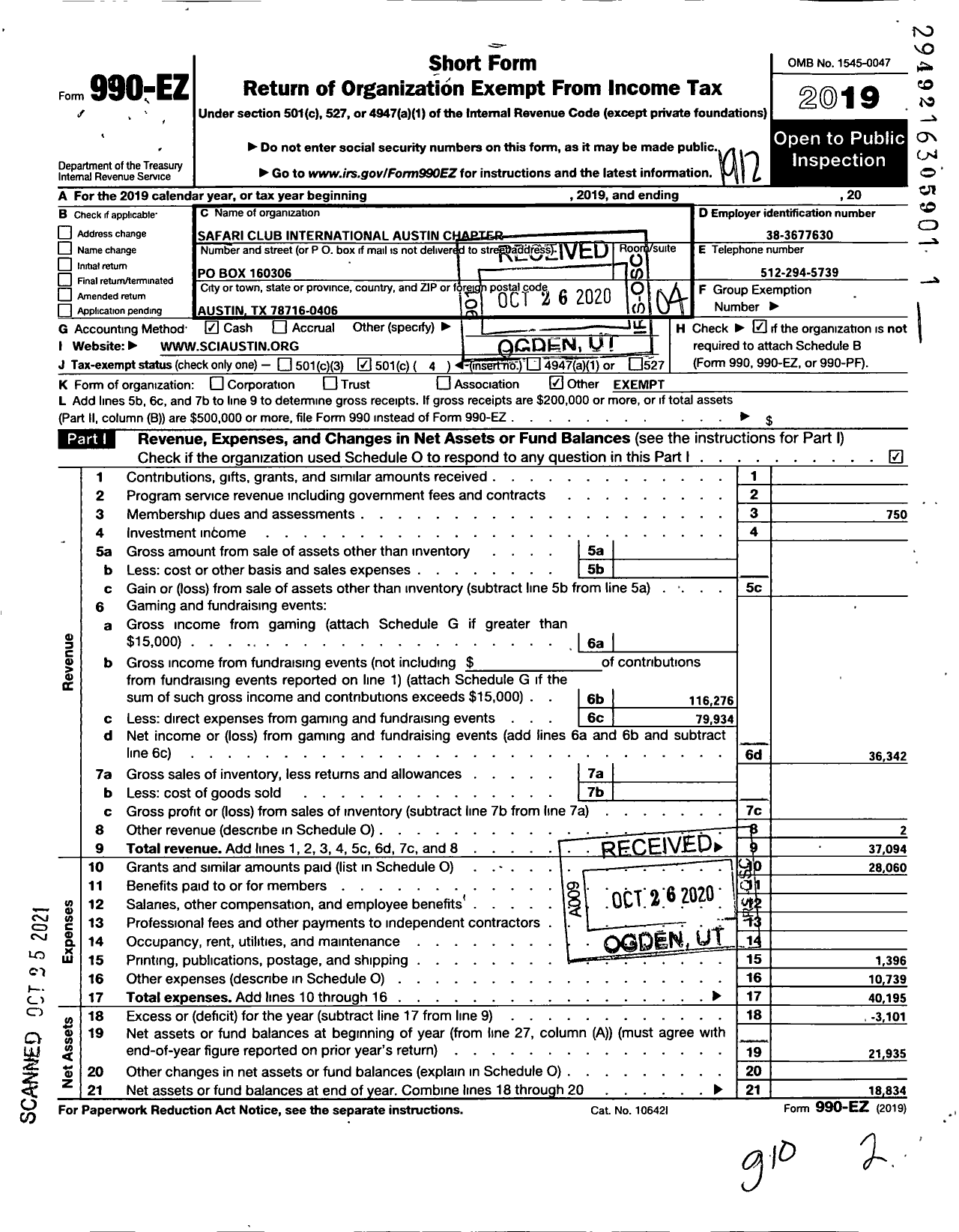 Image of first page of 2019 Form 990EO for Safari Club International Austin Chapter