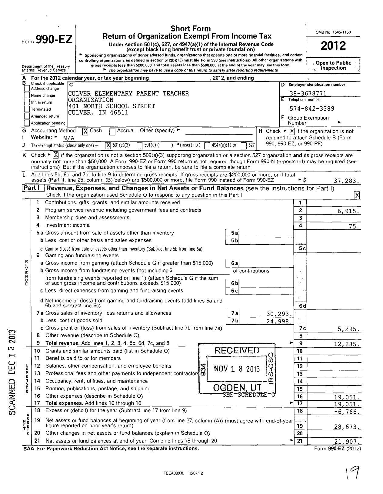 Image of first page of 2012 Form 990EZ for Culver Elementary Parent Teacher Organization