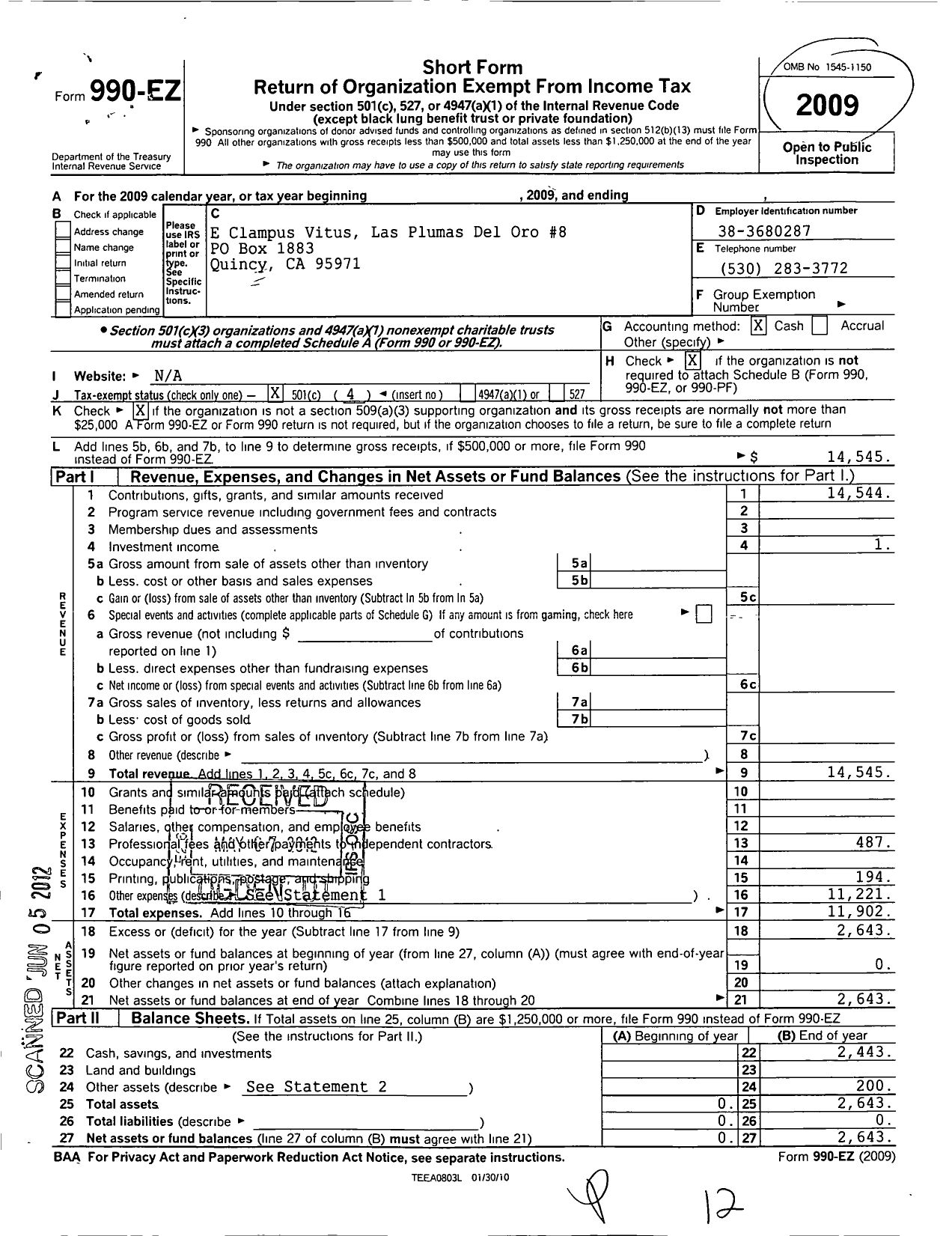 Image of first page of 2009 Form 990EO for E Clampus Vitus Las Plumas Del Oro8