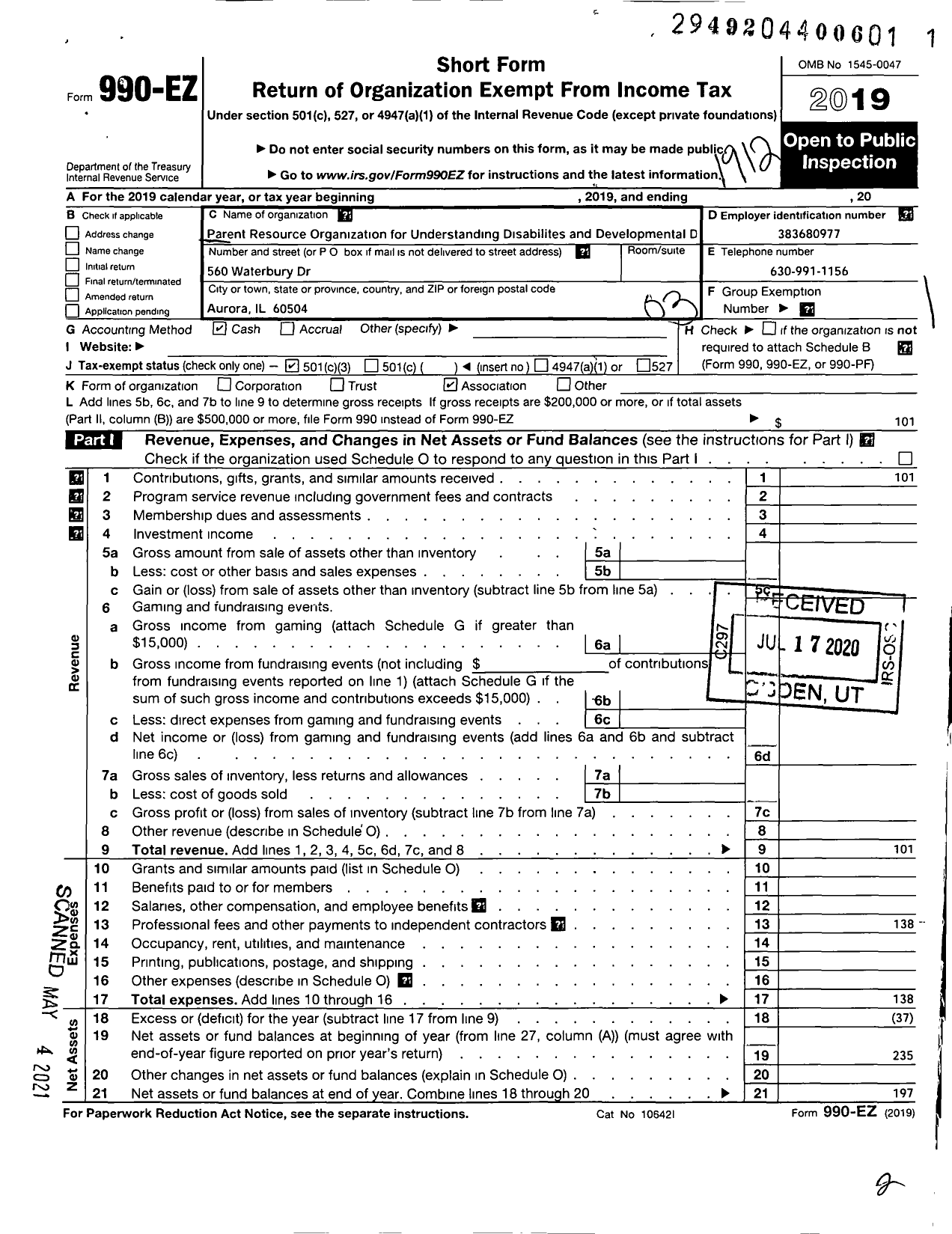 Image of first page of 2019 Form 990EZ for PARENTS RESOURCE ORGANIZATION FOR UNDERSTANDNG OF Disabilities and DEV DELAYS