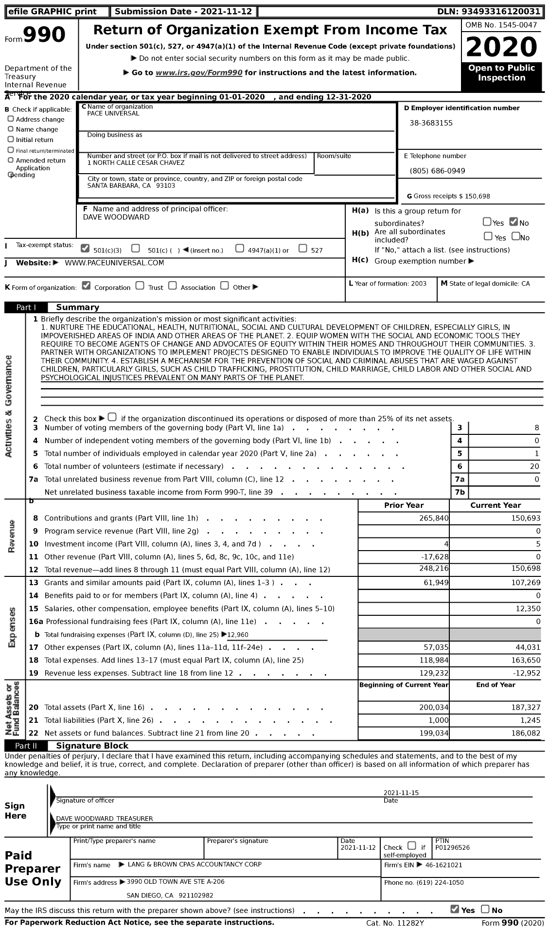 Image of first page of 2020 Form 990 for PACE Universal