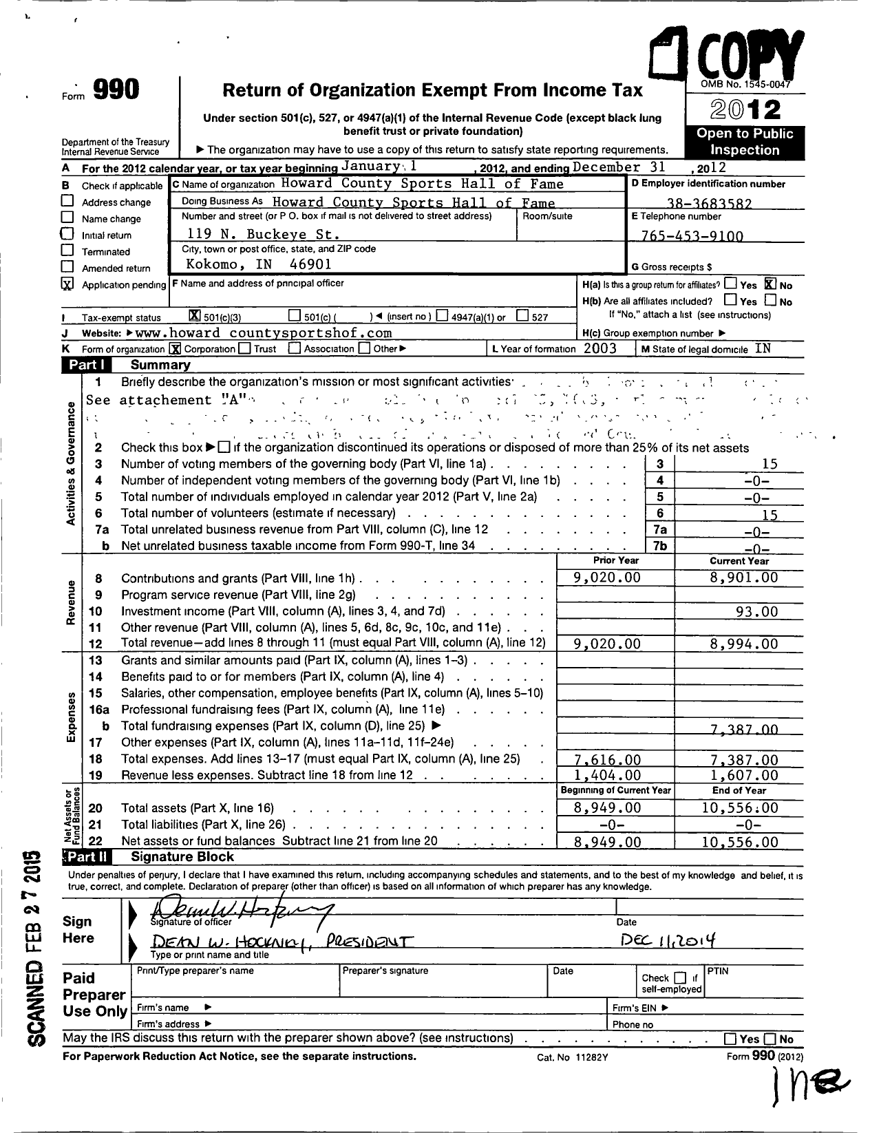 Image of first page of 2012 Form 990 for Howard County Sports Hall of Fame