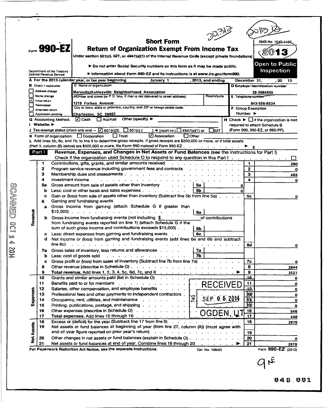 Image of first page of 2013 Form 990EZ for Maryville-Ashleyville Neighborhood Association