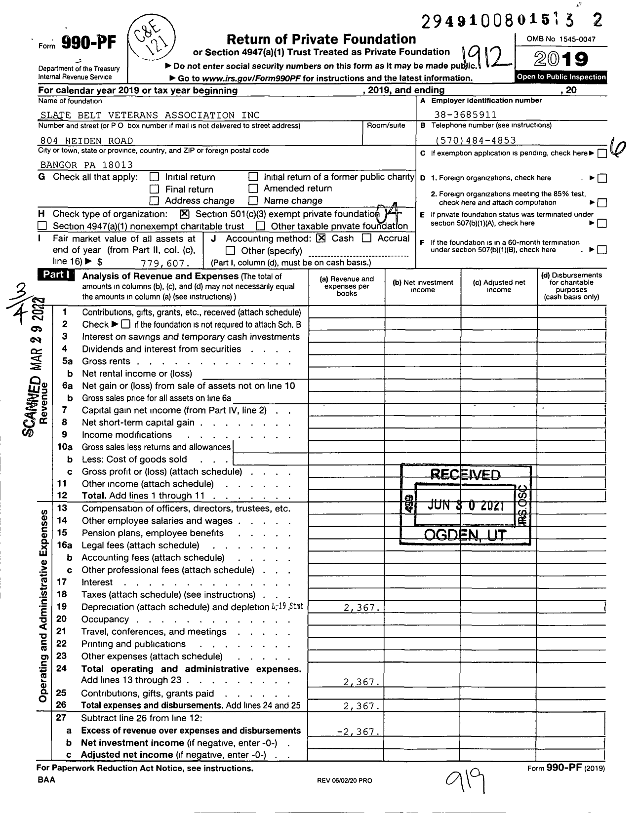 Image of first page of 2019 Form 990PF for Slate Belt Veterans Association