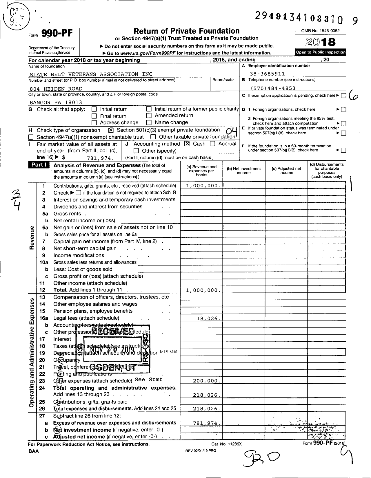 Image of first page of 2018 Form 990PF for Slate Belt Veterans Association