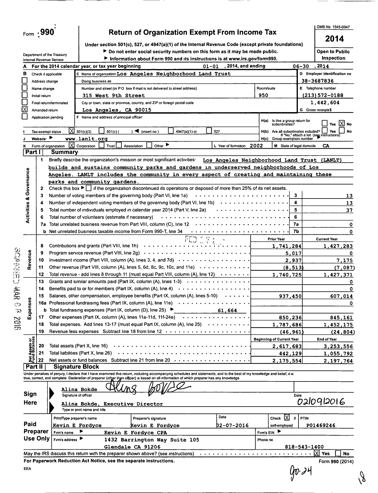 Image of first page of 2013 Form 990 for Los Angeles Neighborhood Land Trust